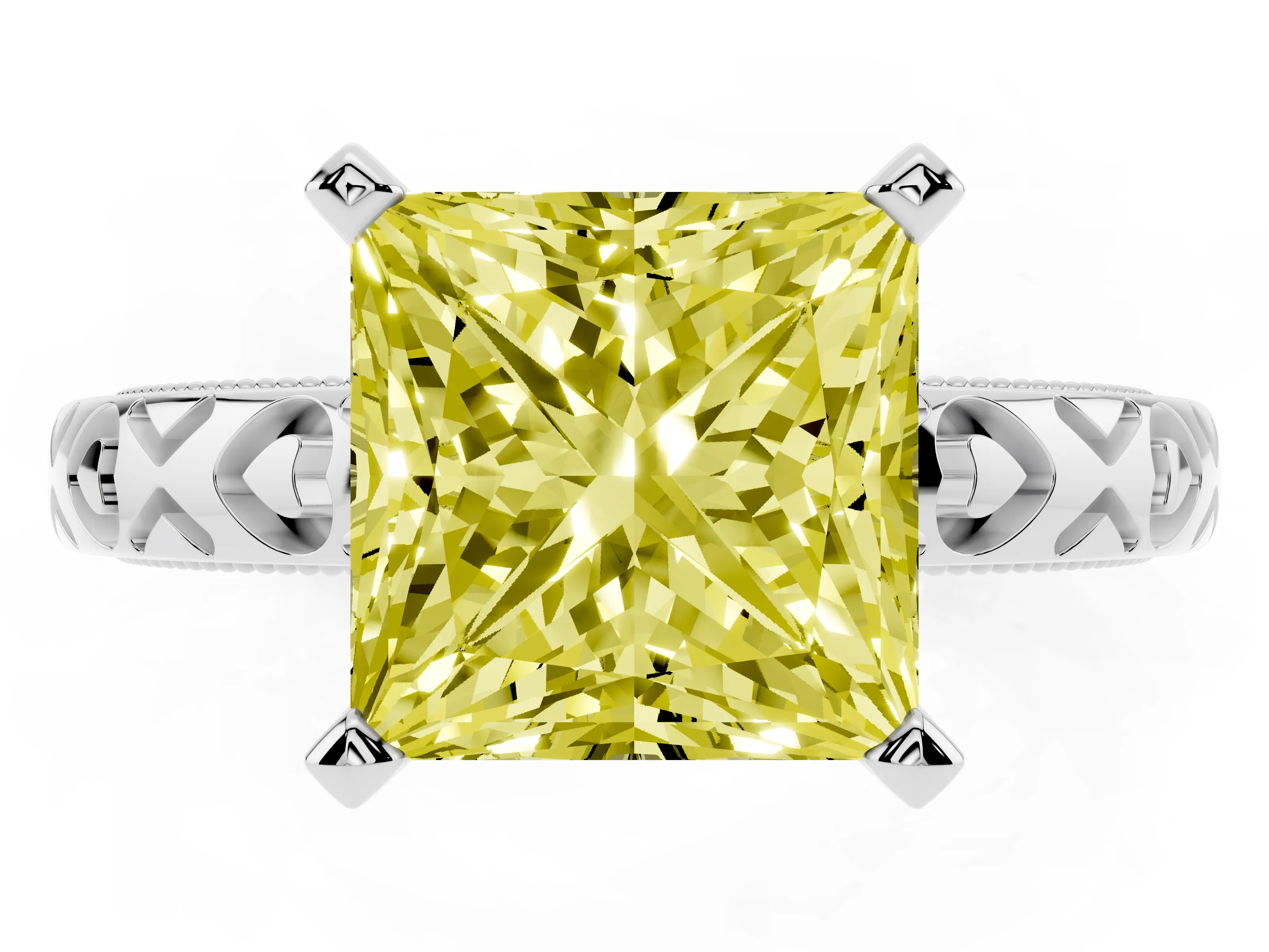 Fancy Yellow Princess Cut Diamond Solitaire Engagement Ring Set in Platinum with XO Engraved Band and Prong Setting