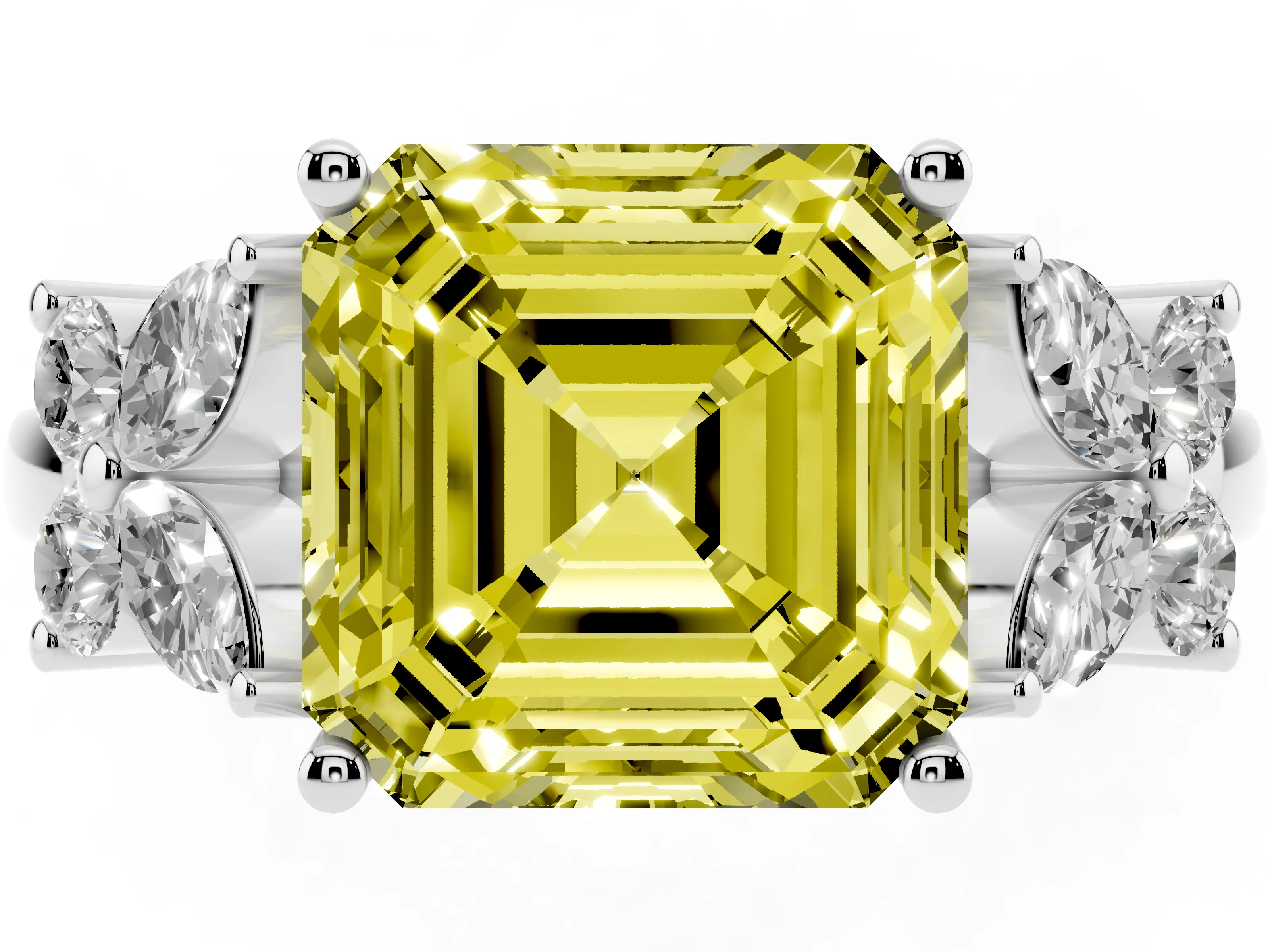 Fancy Yellow Princess Cut Diamond Floral Cluster Ring Set in Silver with Marquise Petals and Prong Setting