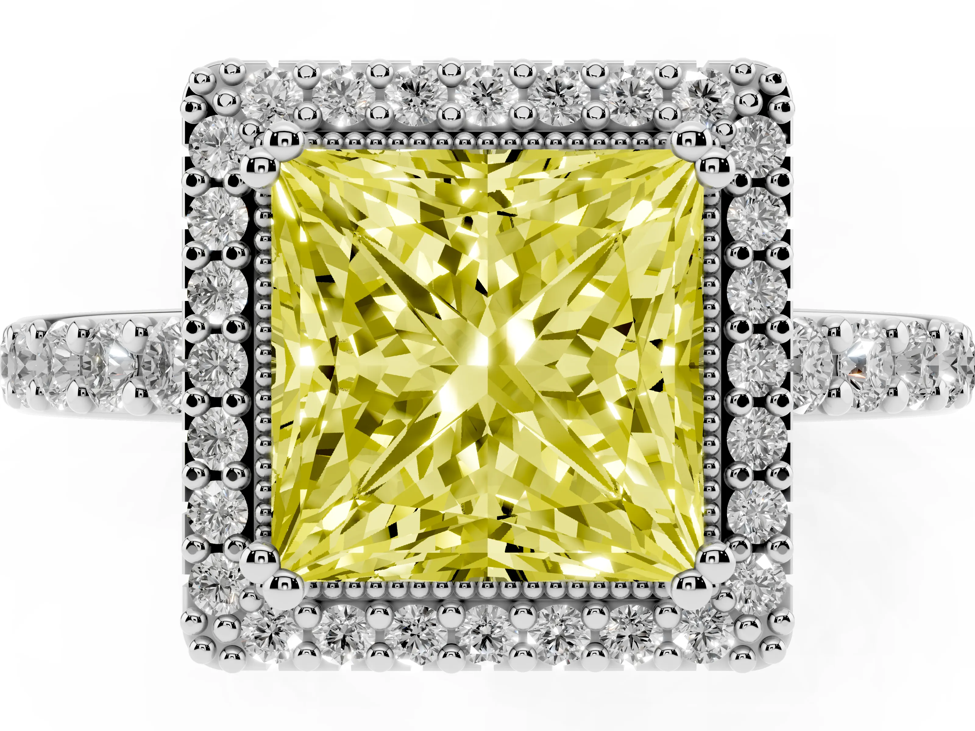 Fancy Yellow Princess Cut Diamond Halo Engagement Ring Set in White gold with Milgrain Detail and Pavé Band