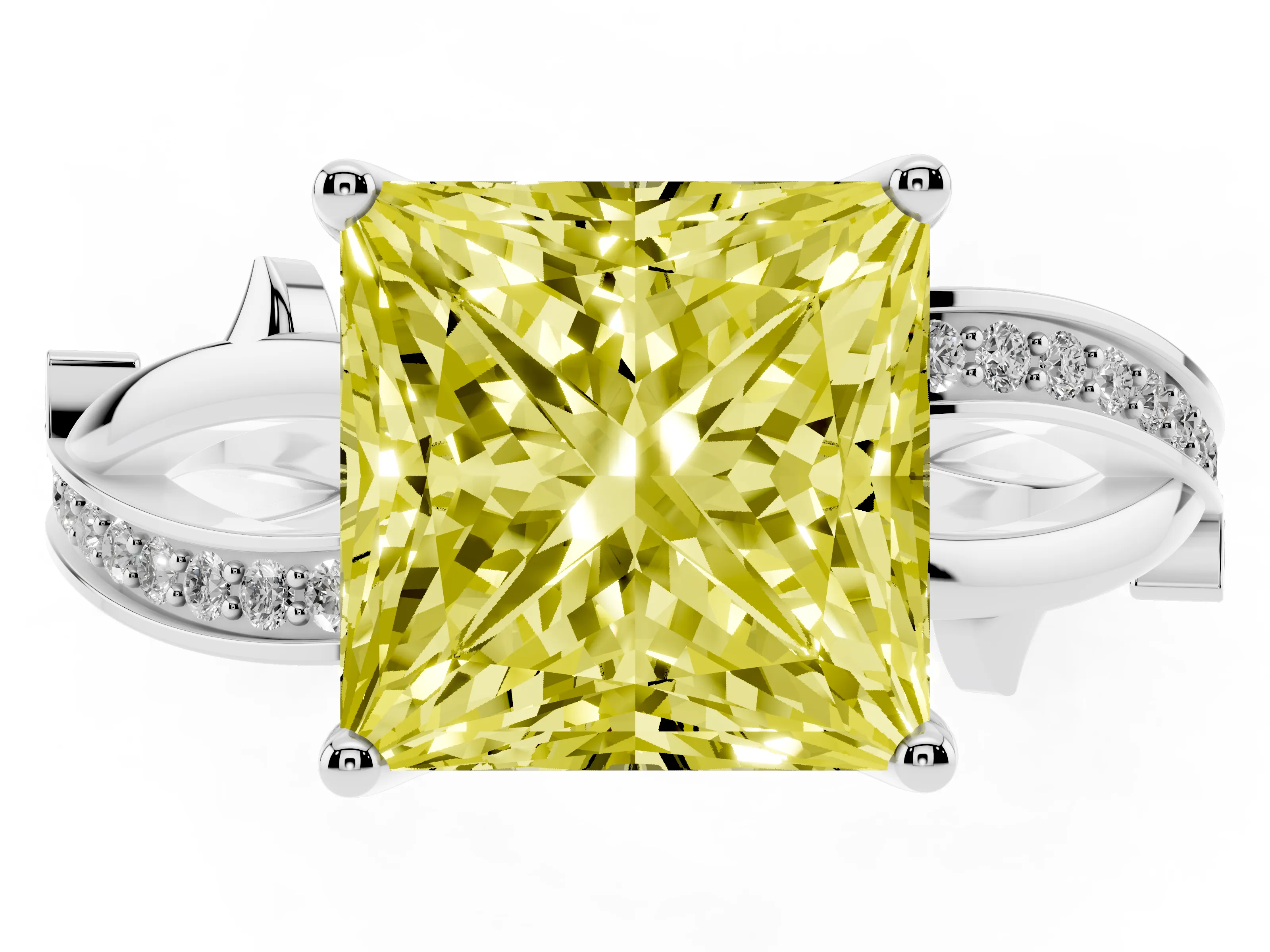 Fancy Yellow Princess Cut Diamond Pavé Twist Band Solitaire Ring Set in Platinum with Prong Setting