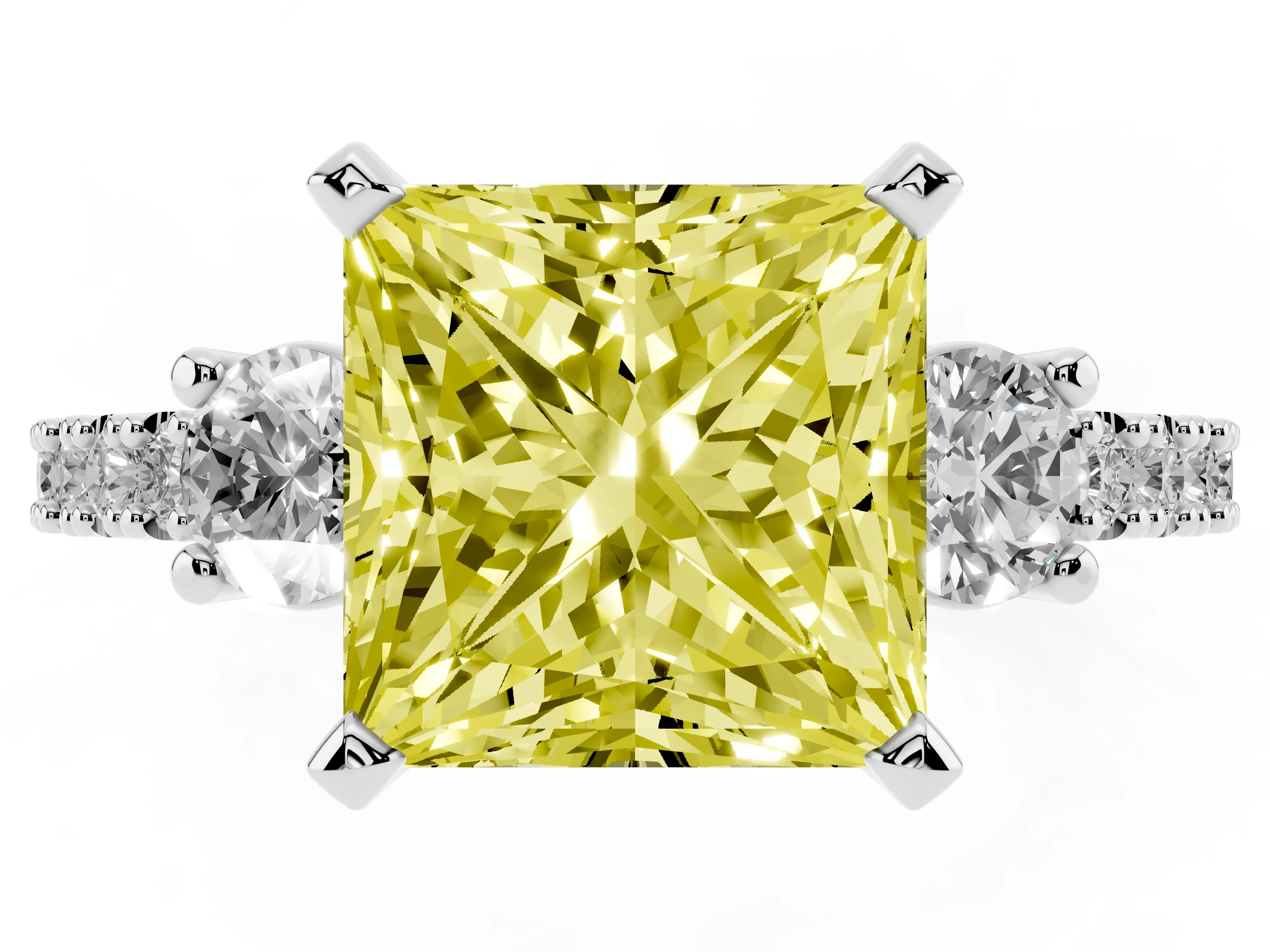 Fancy Yellow Three-Stone Princess Cut Diamond Pavé Band Ring Set in Silver with Prong Setting