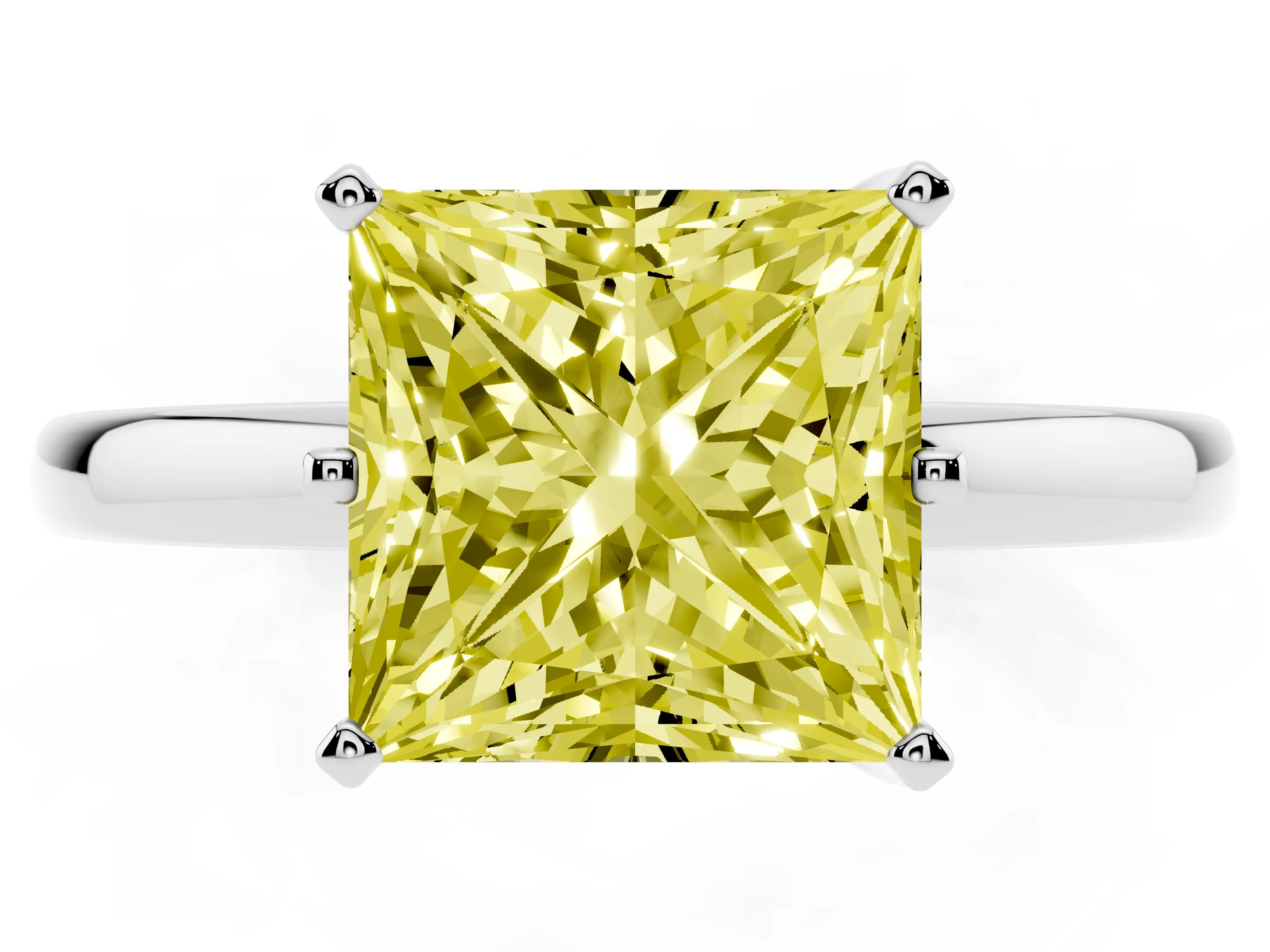 Fancy Yellow Princess Cut Diamond Solitaire Ring Set in White gold with Raised Prong Setting on a Classic Band