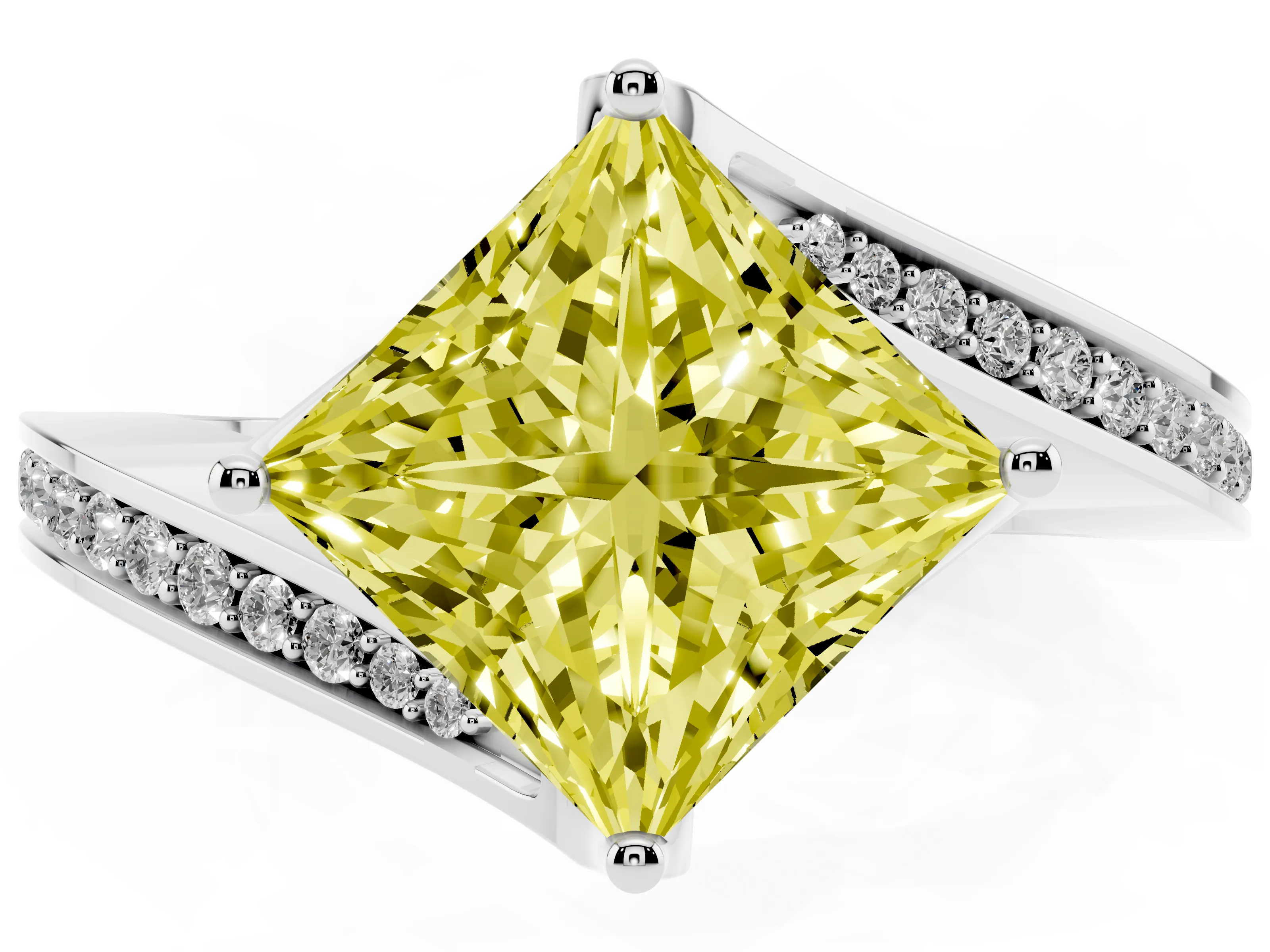 Fancy Yellow Princess Cut Diamond Solitaire Ring Set in Platinum with Intertwined Pavé Twist Band