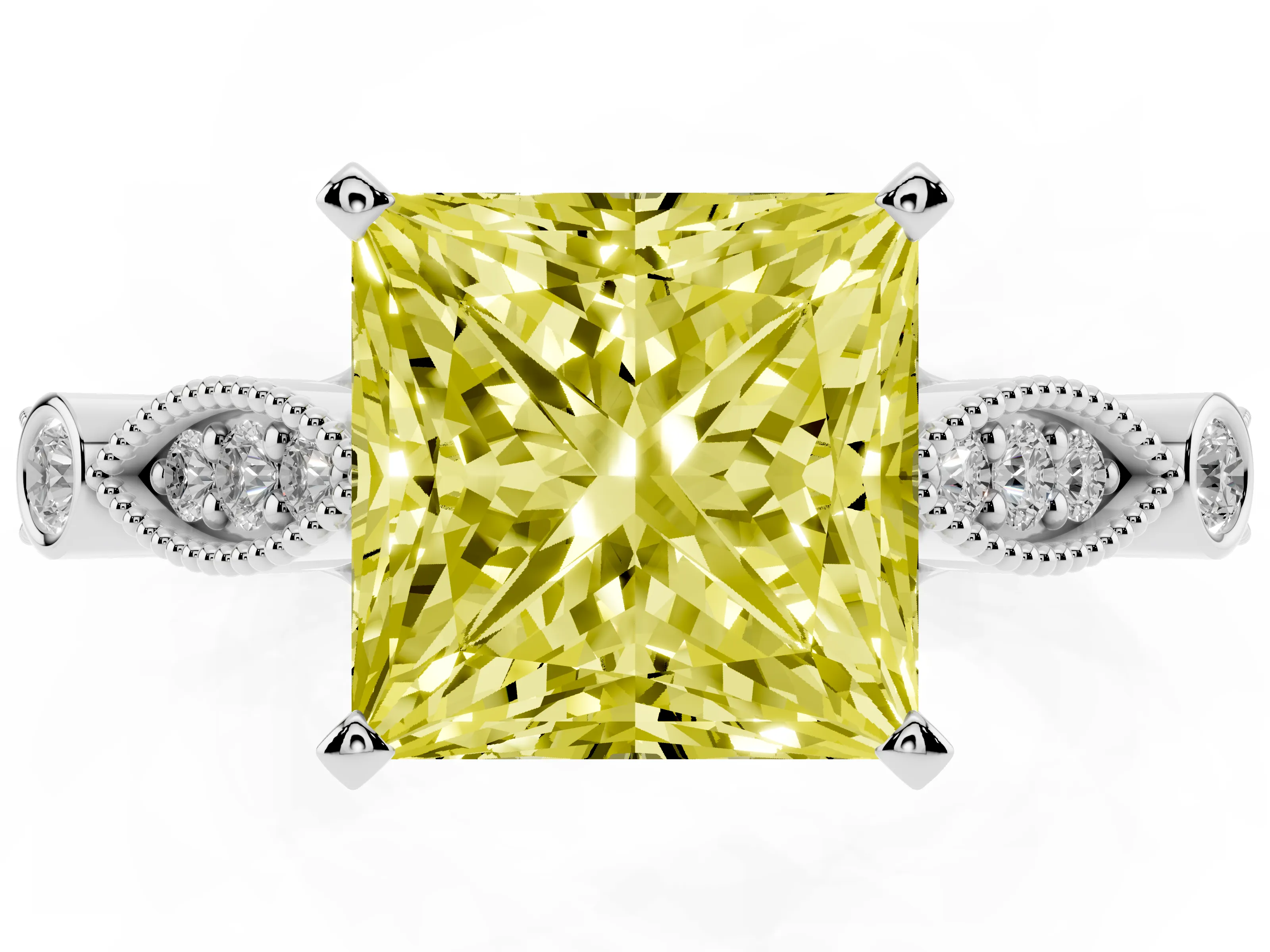 Fancy Yellow Princess Cut Diamond Solitaire Ring Set in Silver with Milgrain Marquise and Bezel Accents