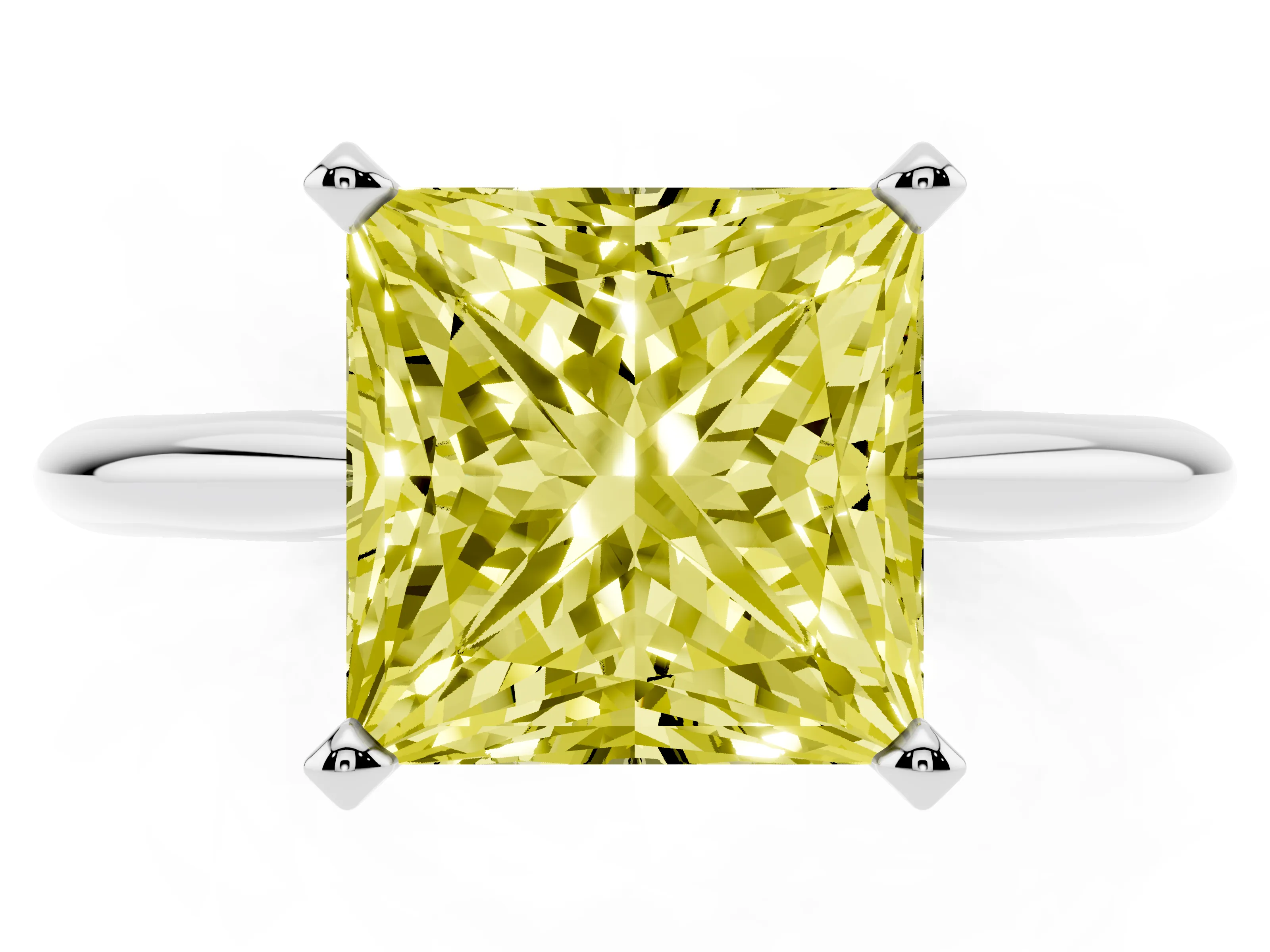 Fancy Yellow Princess Cut Diamond Solitaire Ring Set in White gold with Prong Setting on a Plain Round Band