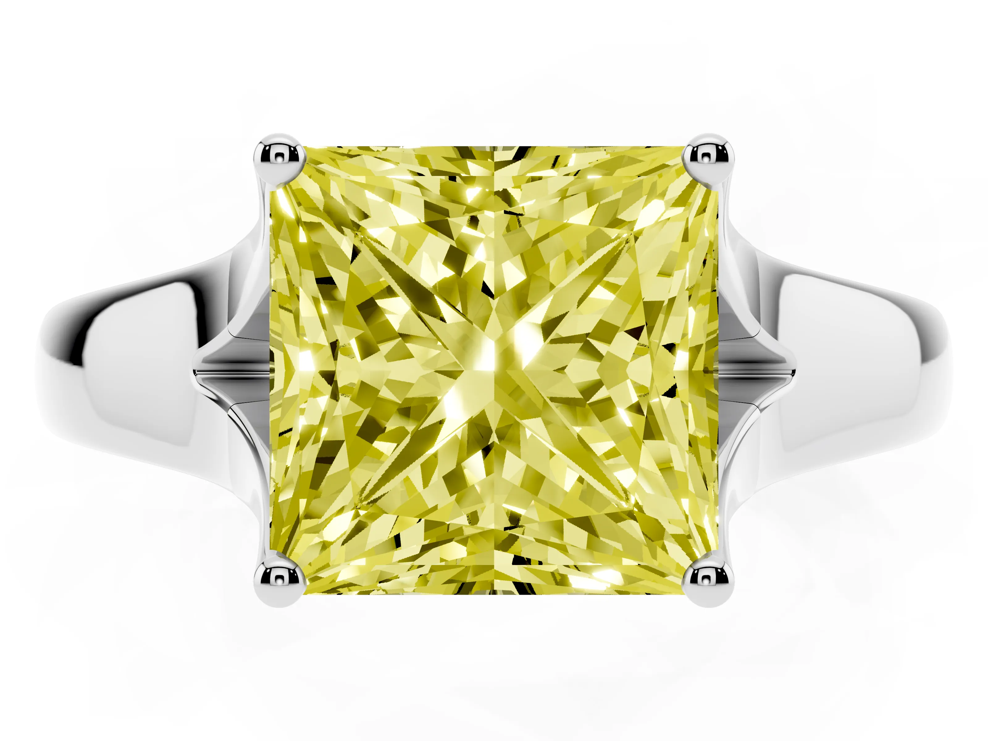 Fancy Yellow Princess Cut Diamond Solitaire Ring Set in Platinum with Arched Cathedral Band and Prong Setting
