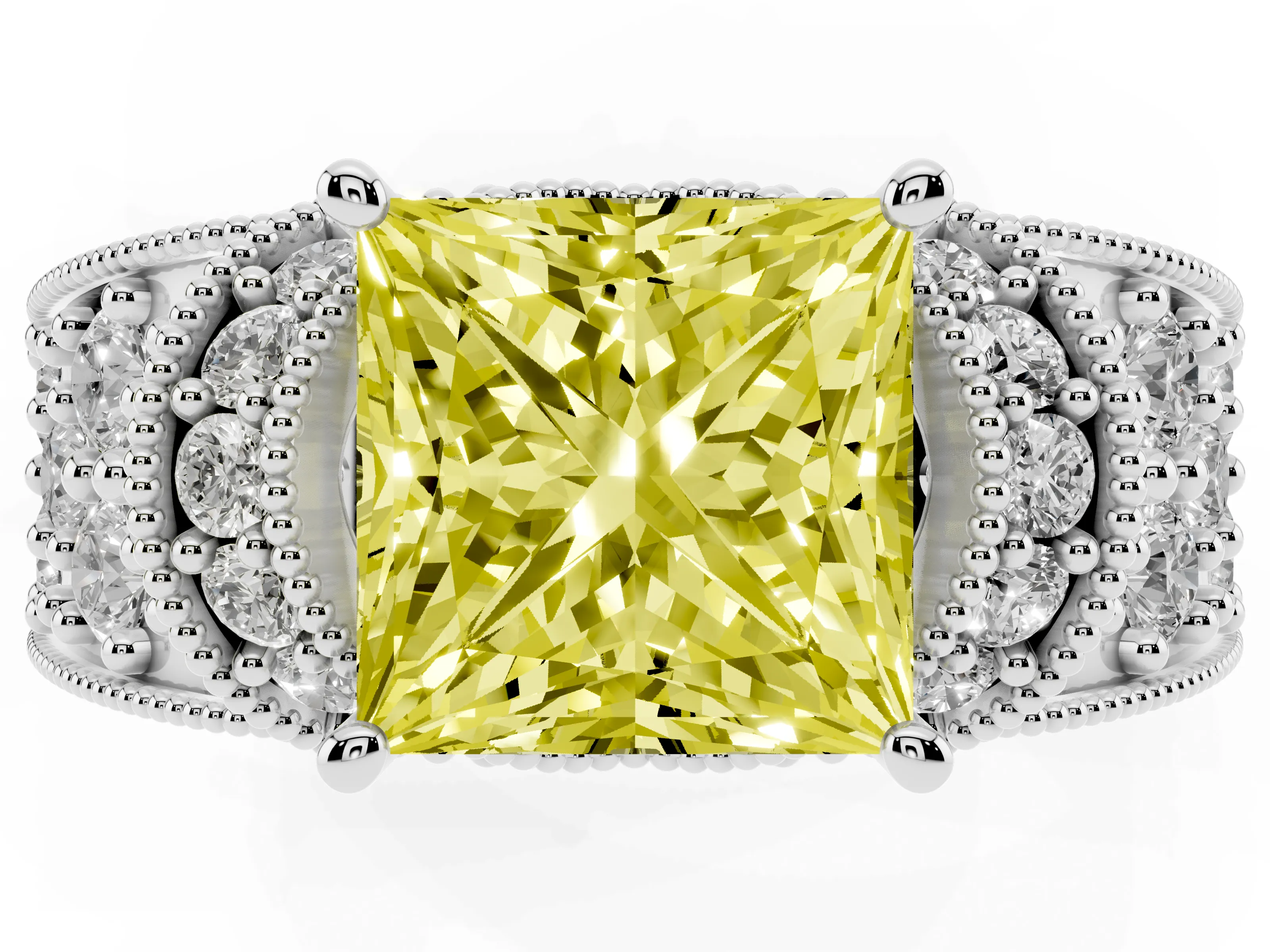 Fancy Yellow Princess Cut Diamond Milgrain Halo Pavé Engagement Ring Set in Silver with Prong Setting