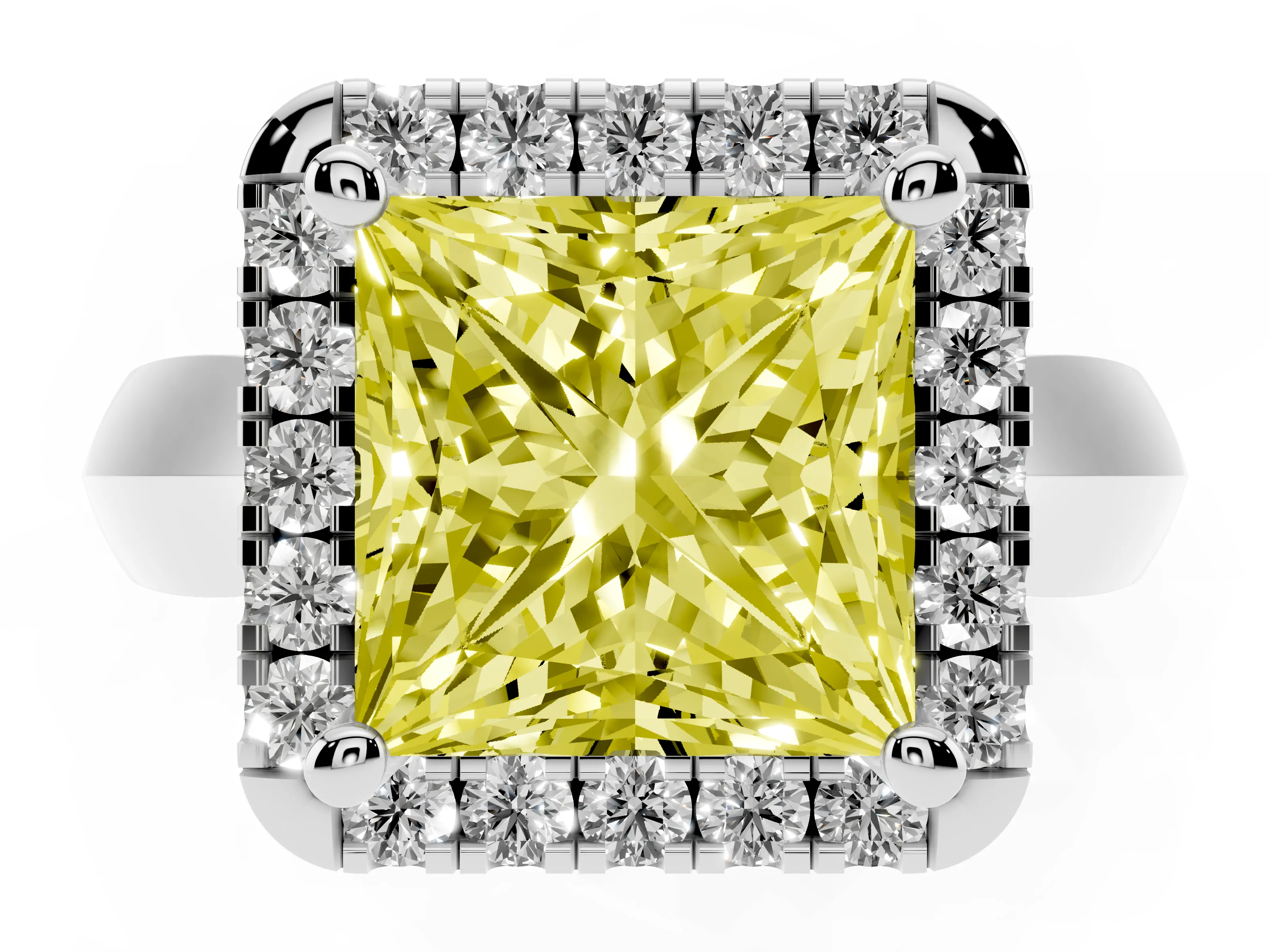 Fancy Yellow Princess Cut Diamond Halo Solitaire Engagement Ring Set in White gold with Square Band and Prong Setting