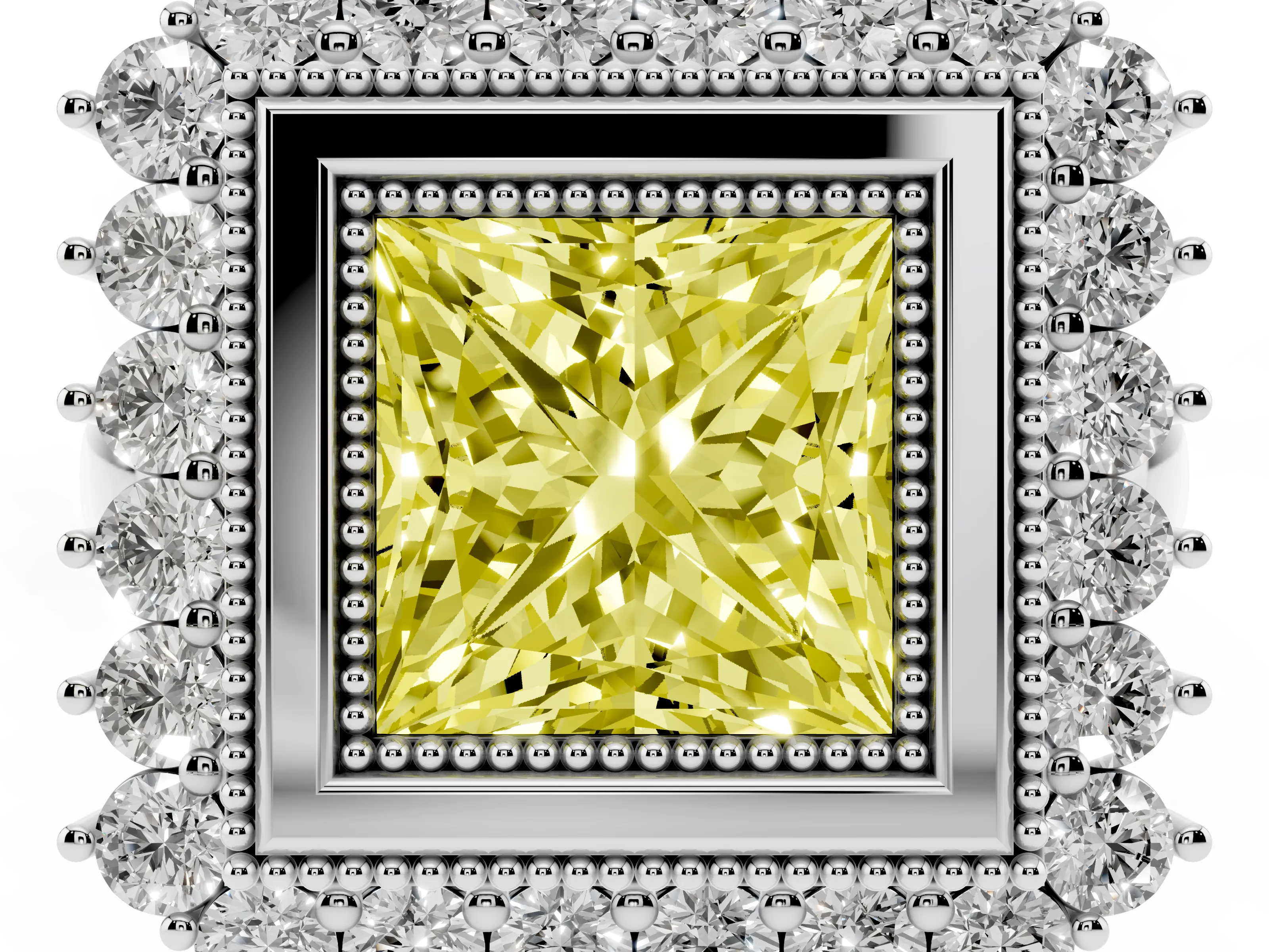 Fancy Yellow Princess Cut Diamond Halo Ring Set in Platinum with Milgrain Edge and Round Prong Setting