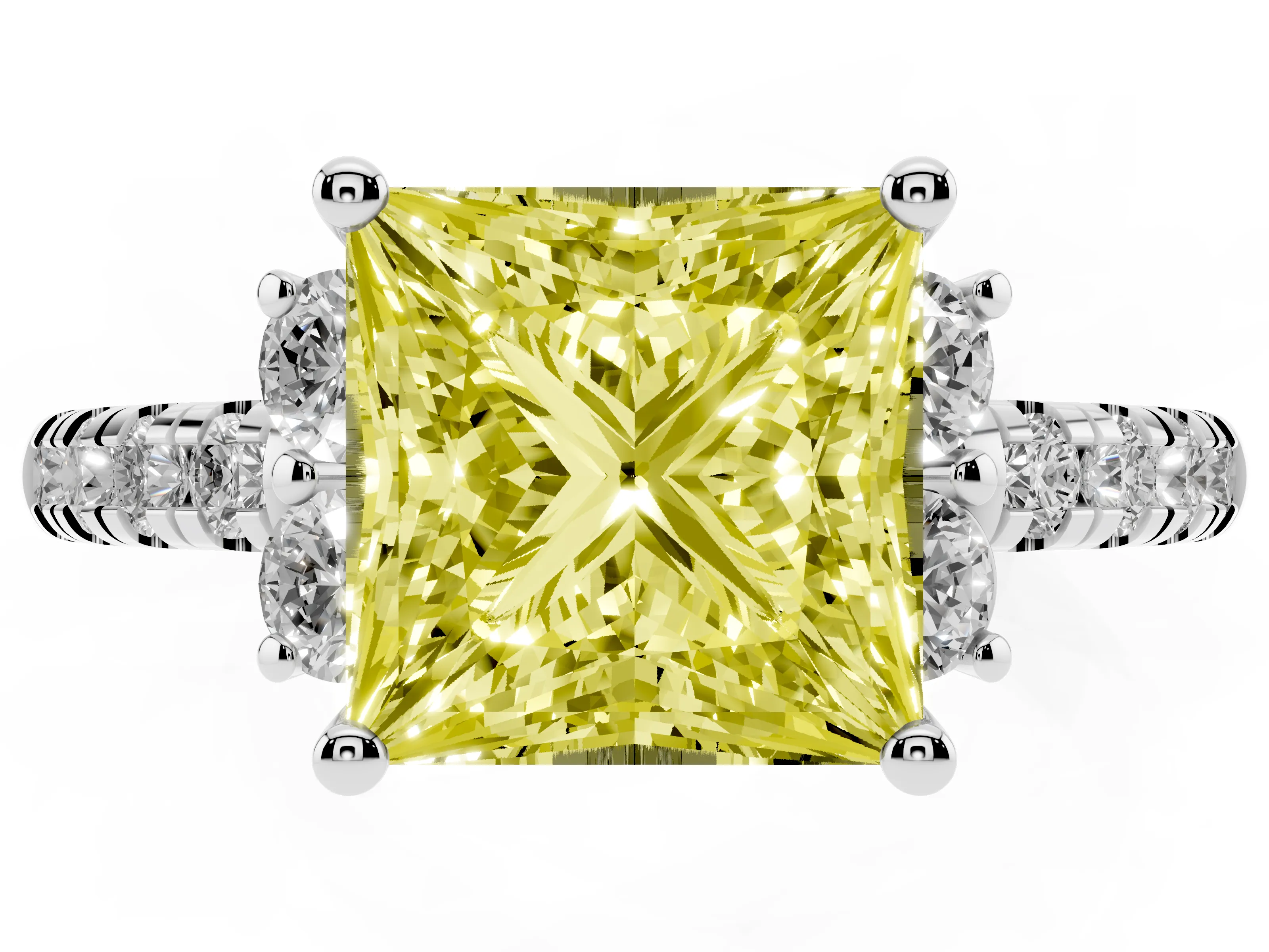 Fancy Yellow Princess Cut Diamond Three-Stone Pavé Ring Set in Silver with Prong Setting