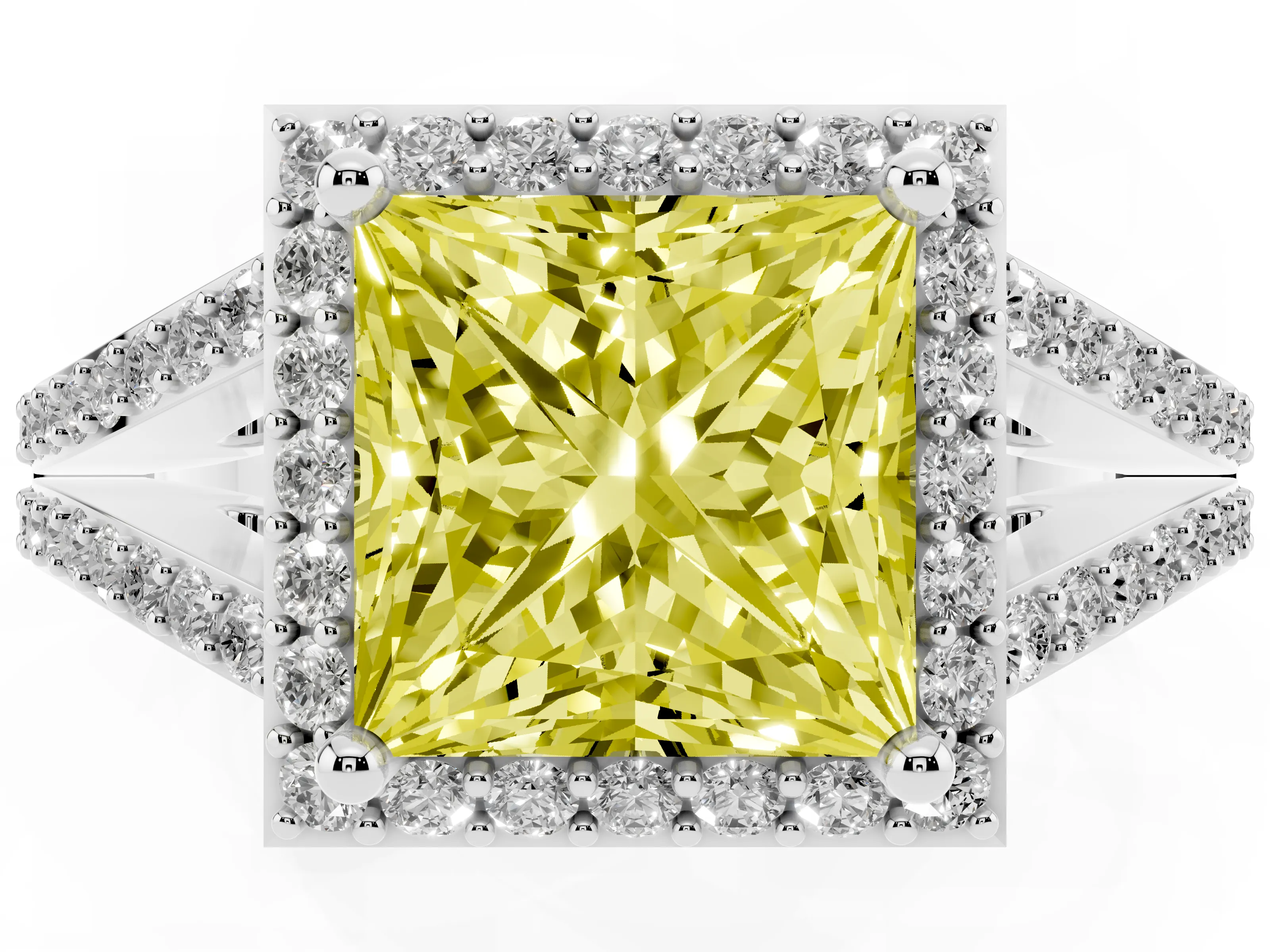 Fancy Yellow Princess Cut Diamond Halo Split Shank Pavé Ring Set in Silver with Prong Setting