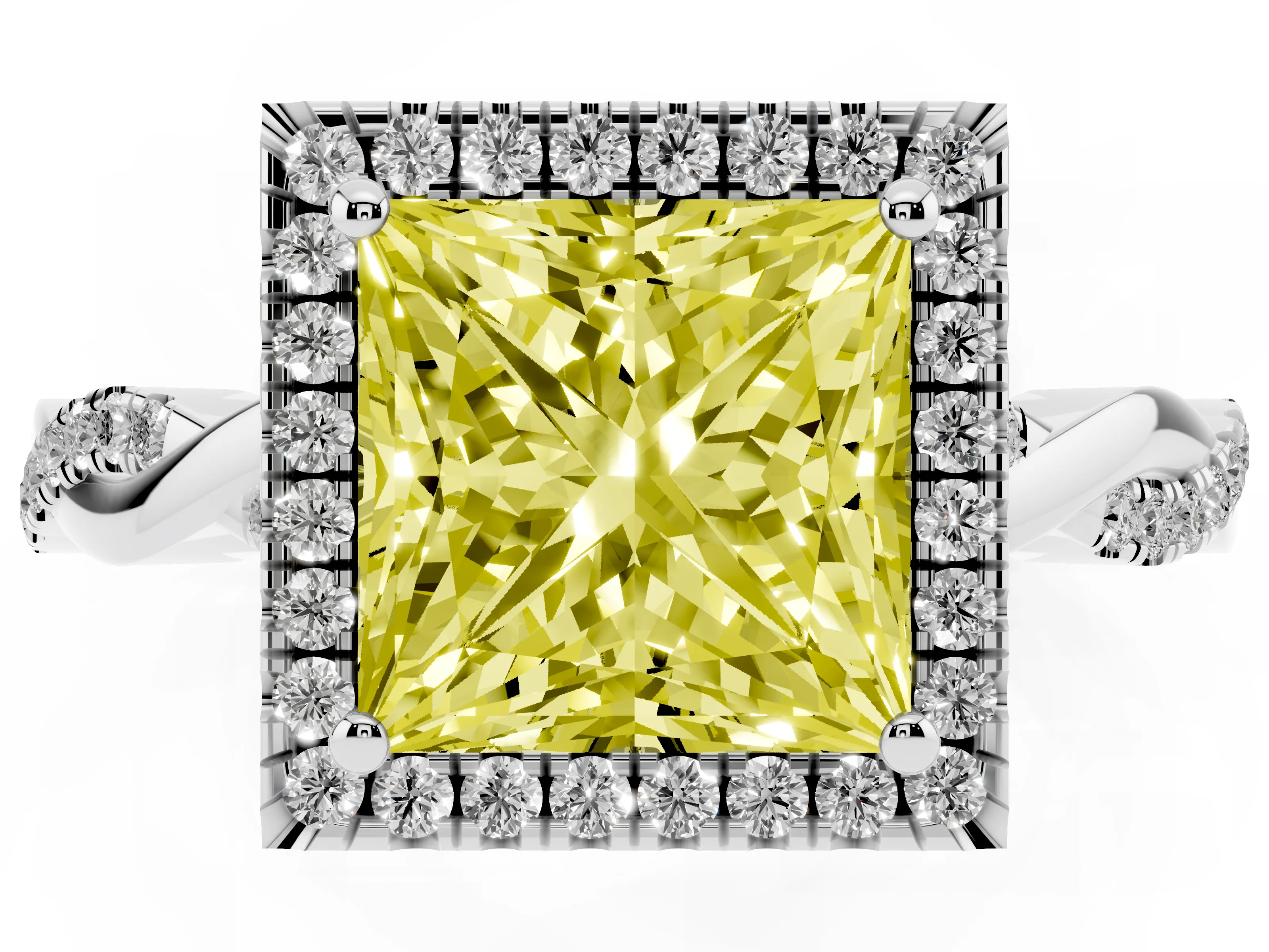 Fancy Yellow Princess Cut Diamond Halo Twisted Band Ring Set in White gold with Prong Setting