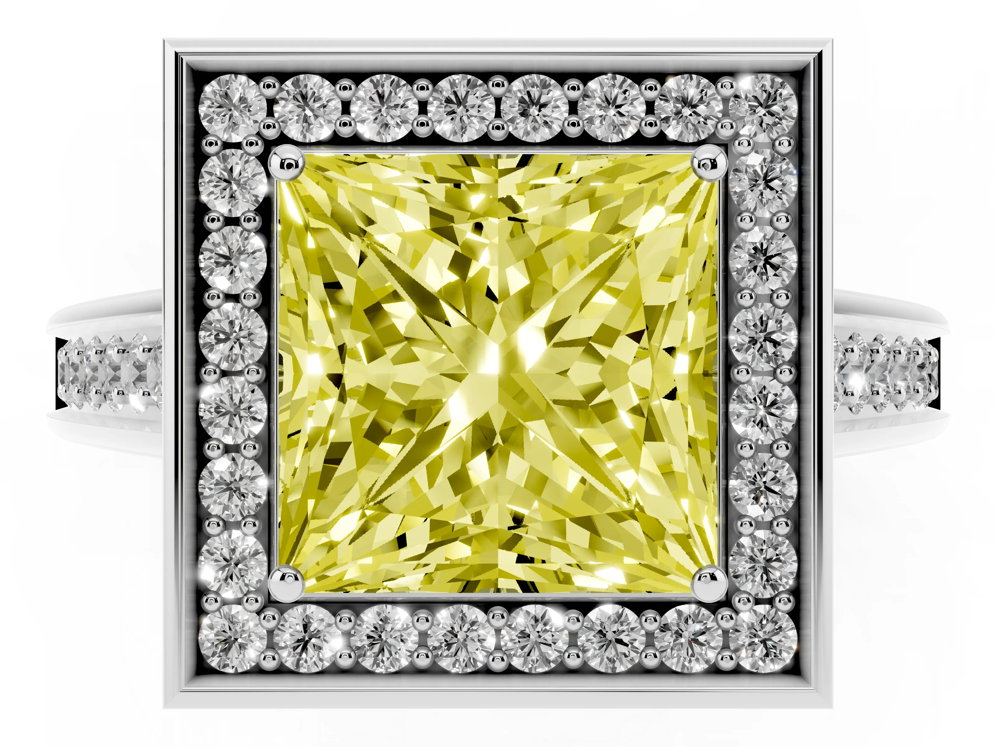 Fancy Yellow Princess Cut Diamond Halo Solitaire Ring Set in Platinum with Pavé Band and Bezel Setting