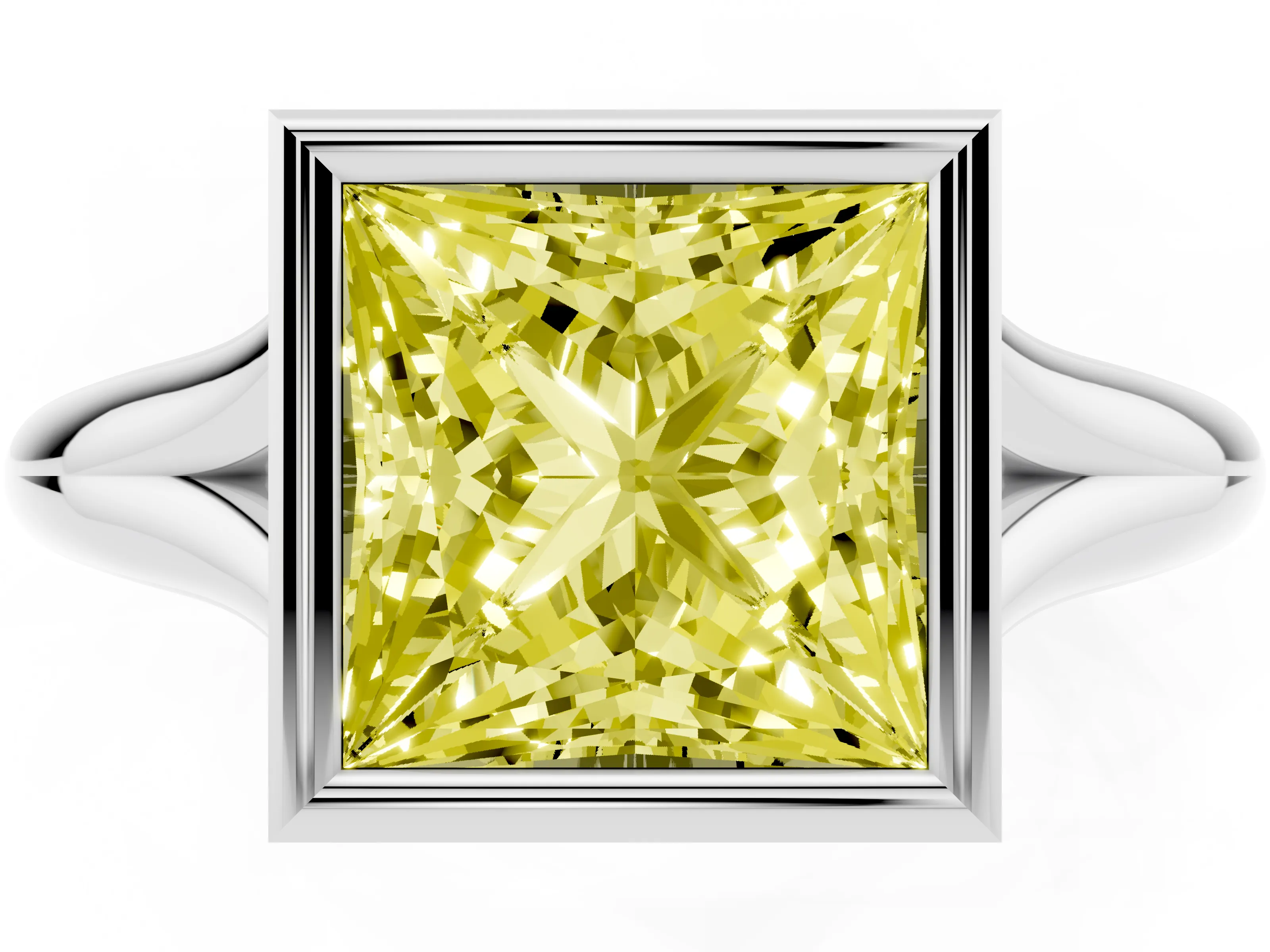 Fancy Yellow Bezel Set Princess Cut Diamond Solitaire Ring Set in Platinum with Smooth Band