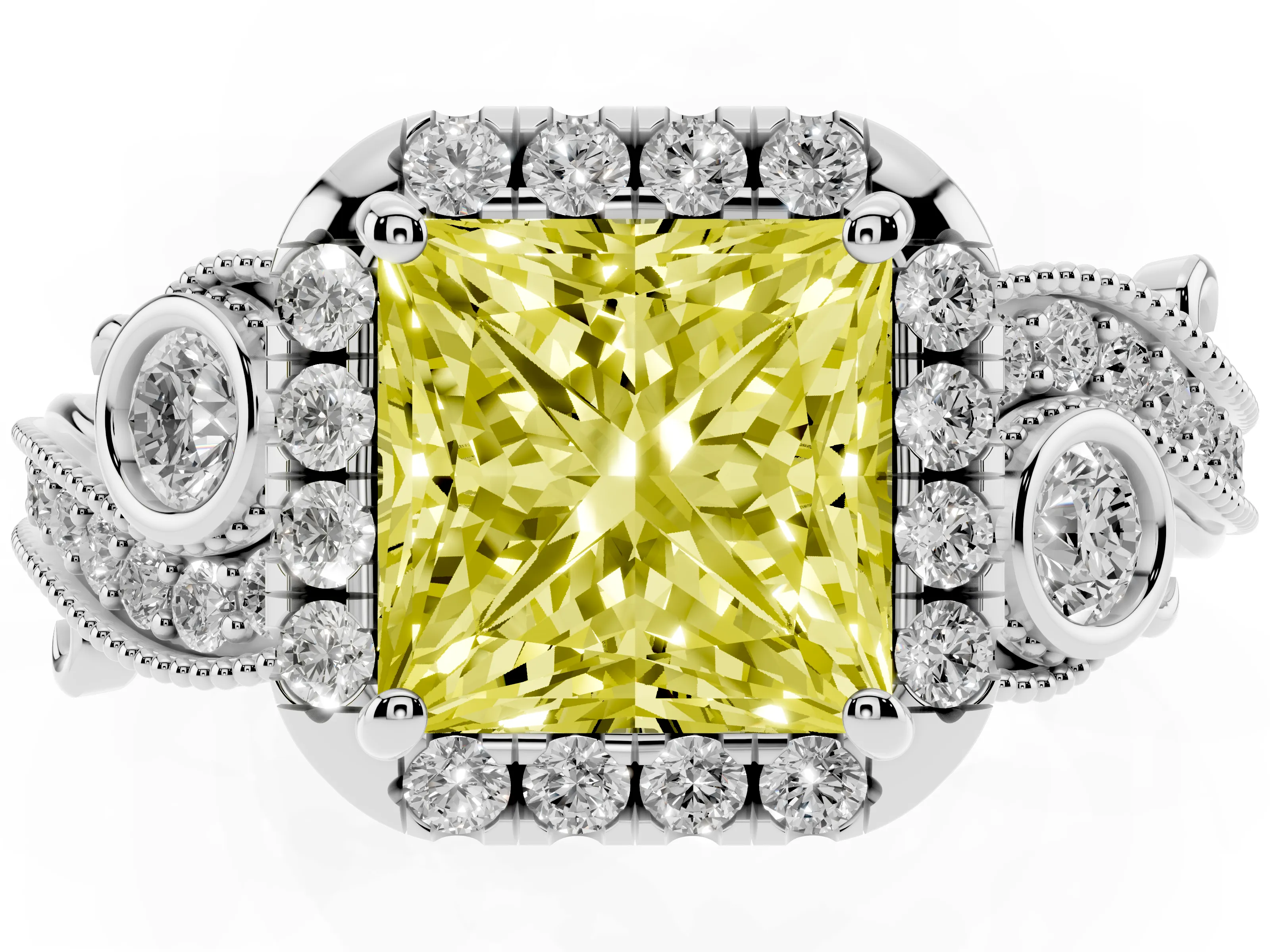 Fancy Yellow Princess Cut Diamond Halo Ring Set in Platinum with Milgrain Pavé Band and Prong Setting