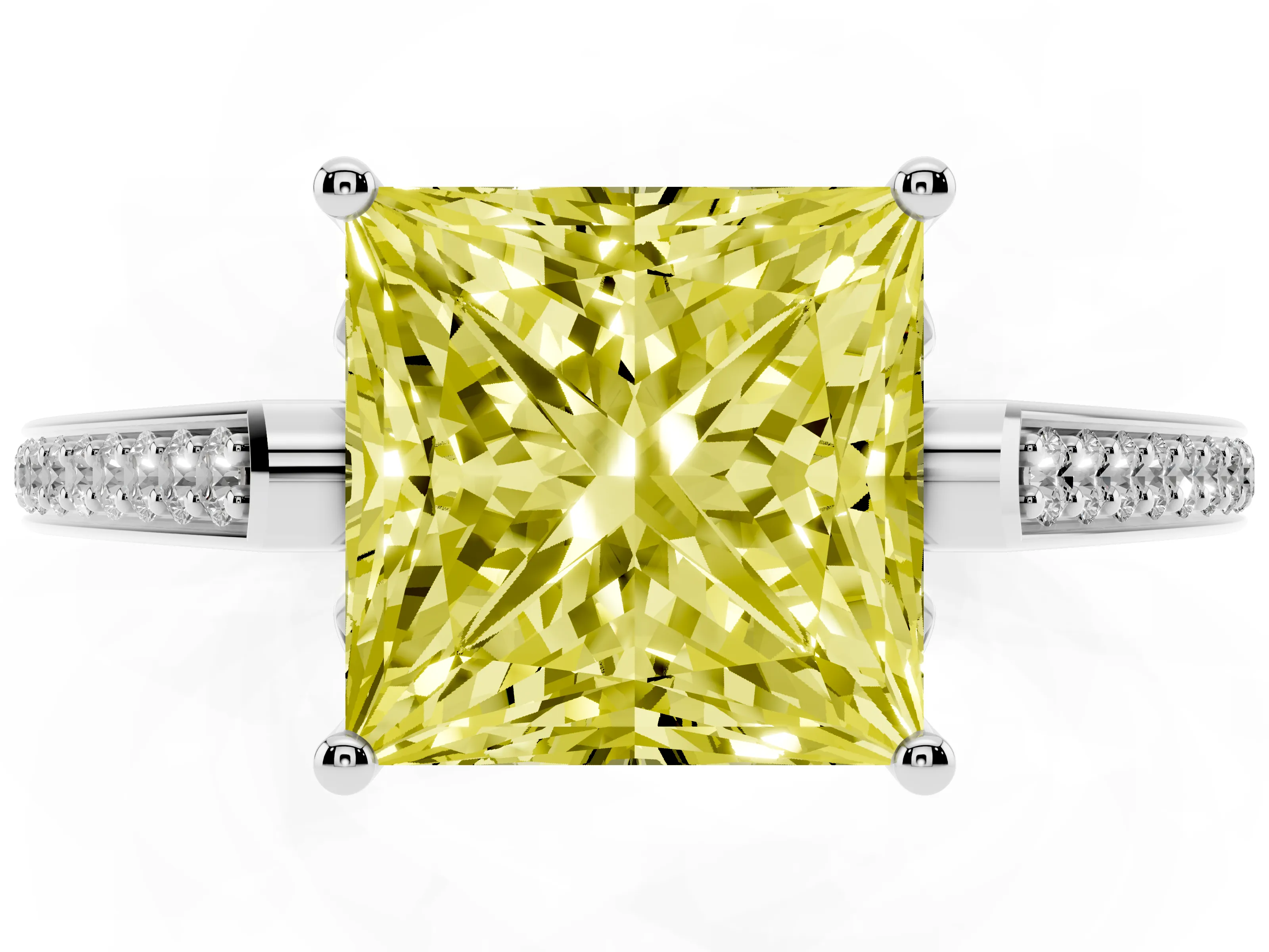 Fancy Yellow Princess Cut Diamond Cathedral Pavé Engagement Ring Set in White gold with Prong Setting