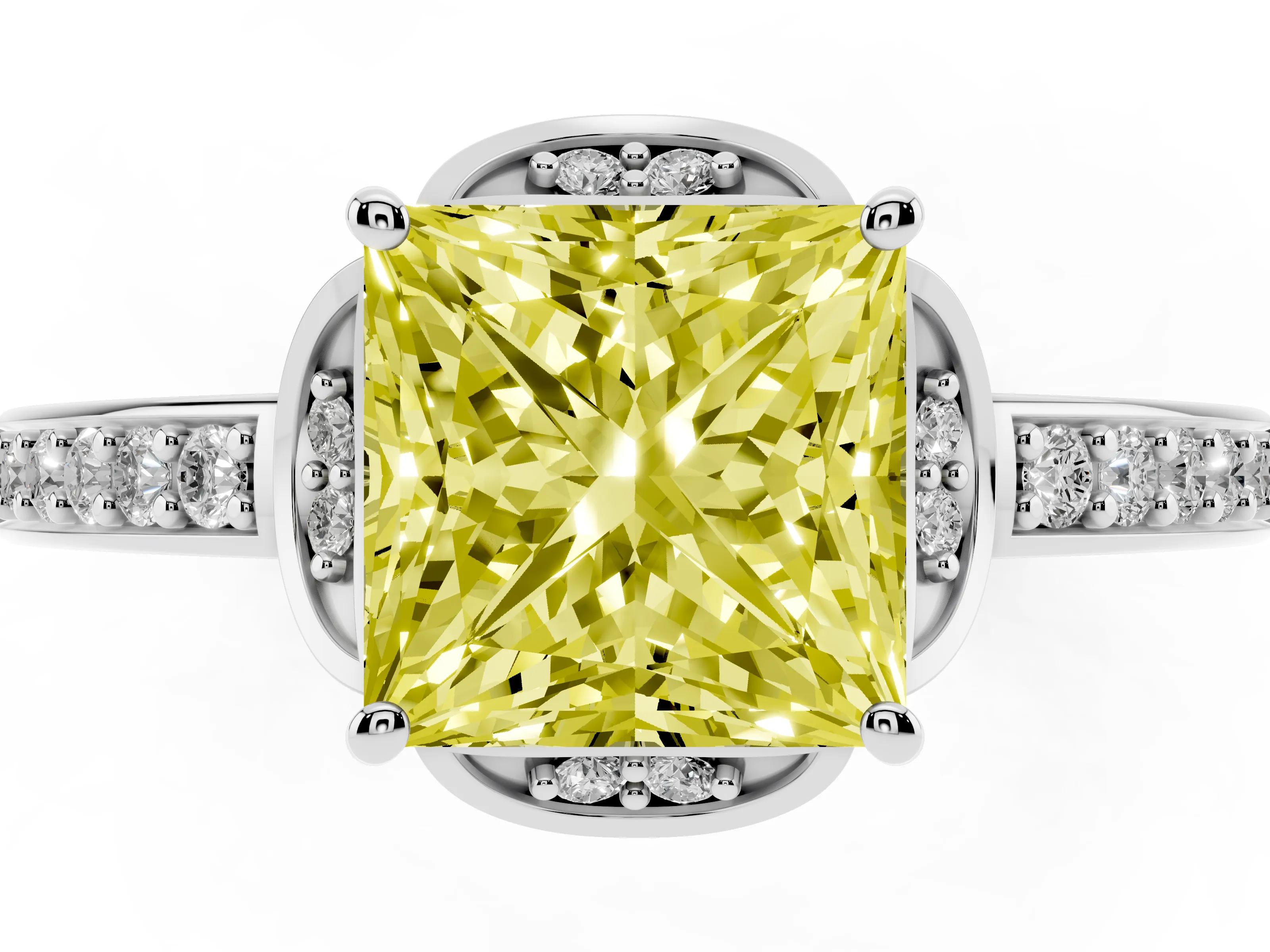Fancy Yellow Princess Cut Diamond Halo Ring Set in Platinum with Channel Set Band and Prong Setting