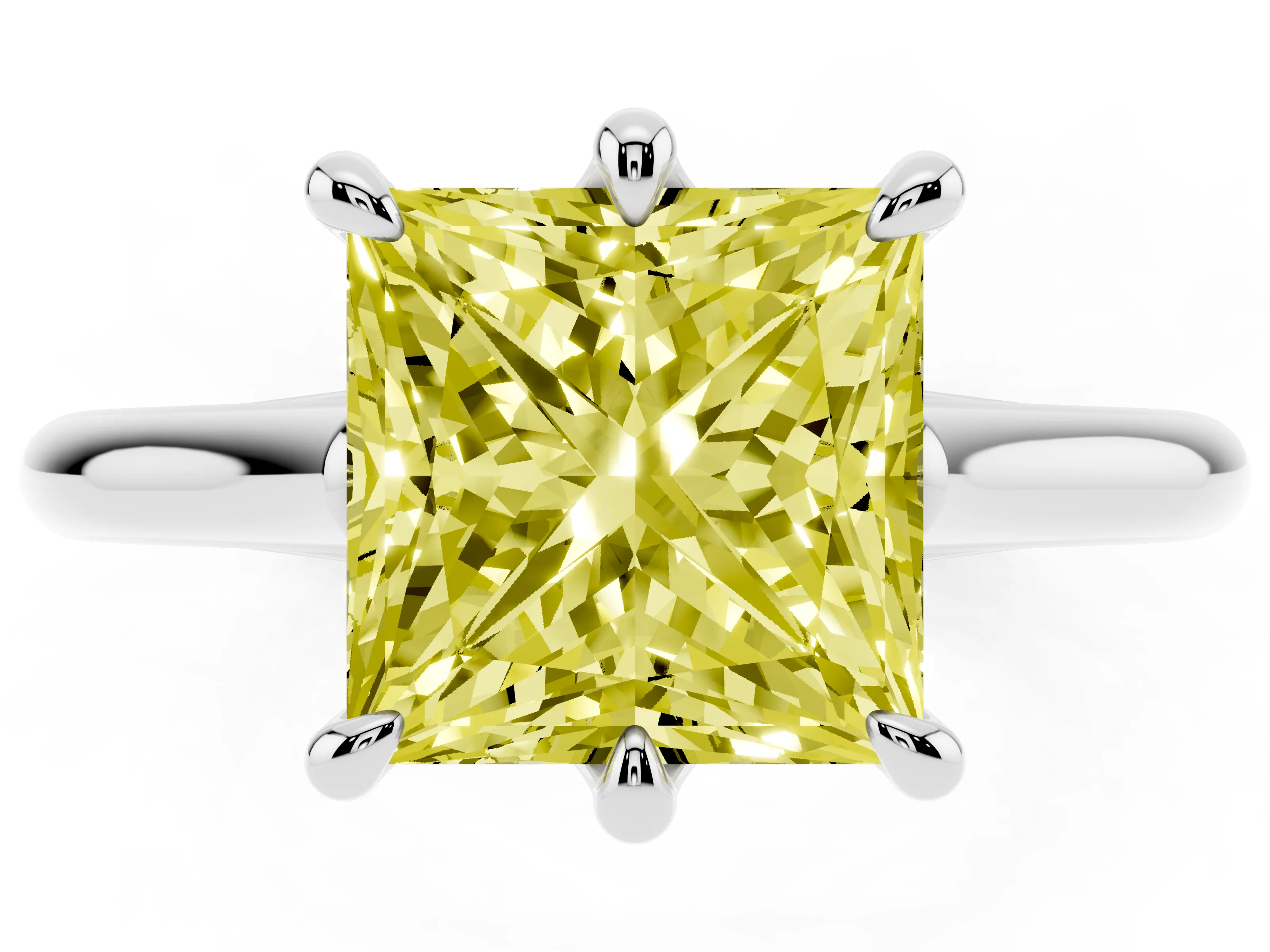 Fancy Yellow Princess Cut Diamond Solitaire Engagement Ring Set in Platinum with Prong Setting and Plain Classic Band