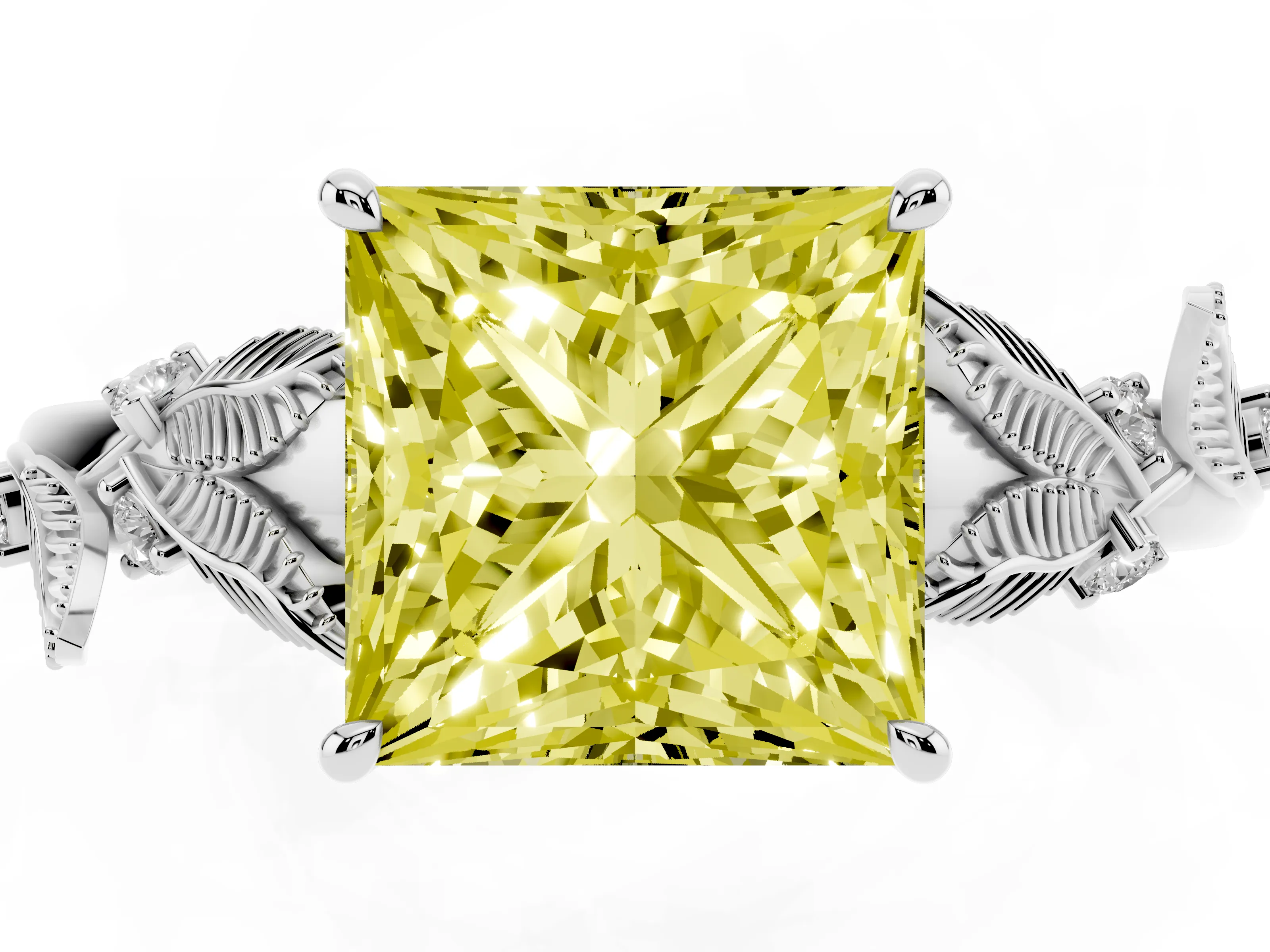 Fancy Yellow Princess Cut Diamond Solitaire Ring Set in Silver with Leaf Motif Band