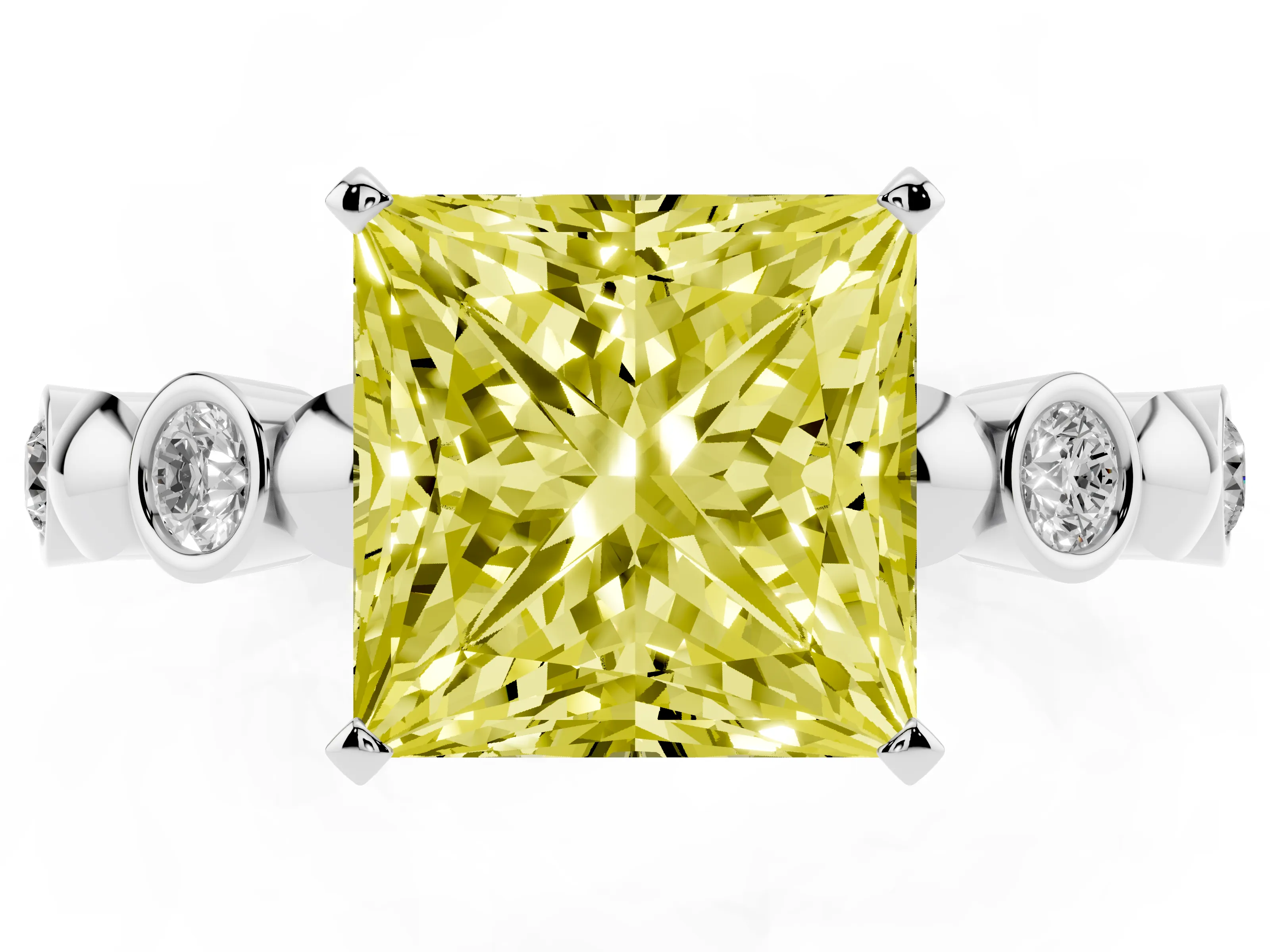 Fancy Yellow Princess Cut Diamond Solitaire Ring Set in Platinum with Bezel-Set Accents on Beaded Band and Prong Setting