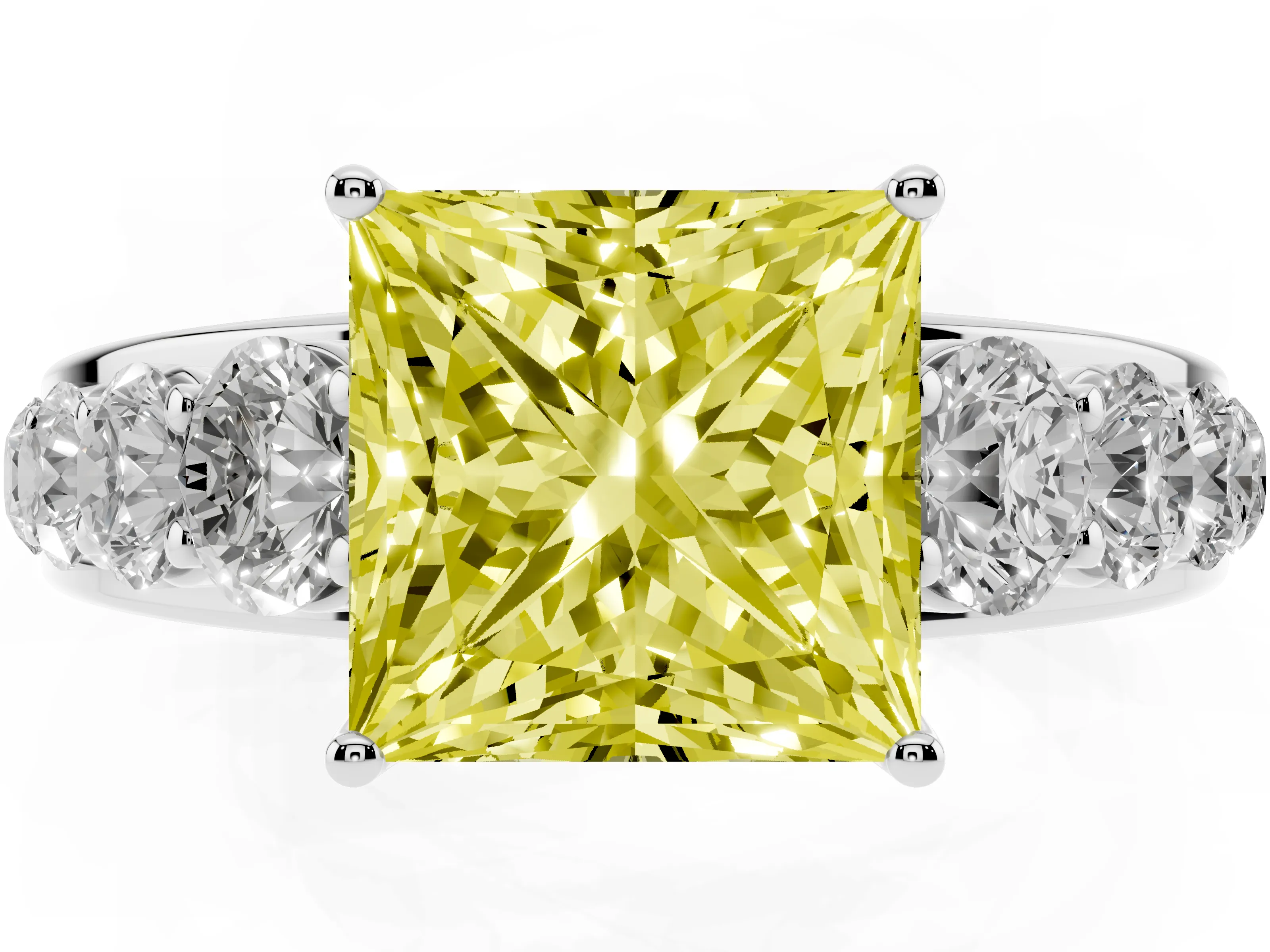 Fancy Yellow Princess Cut Diamond Solitaire Ring Set in Platinum with Pavé-Set Band and Prong Setting