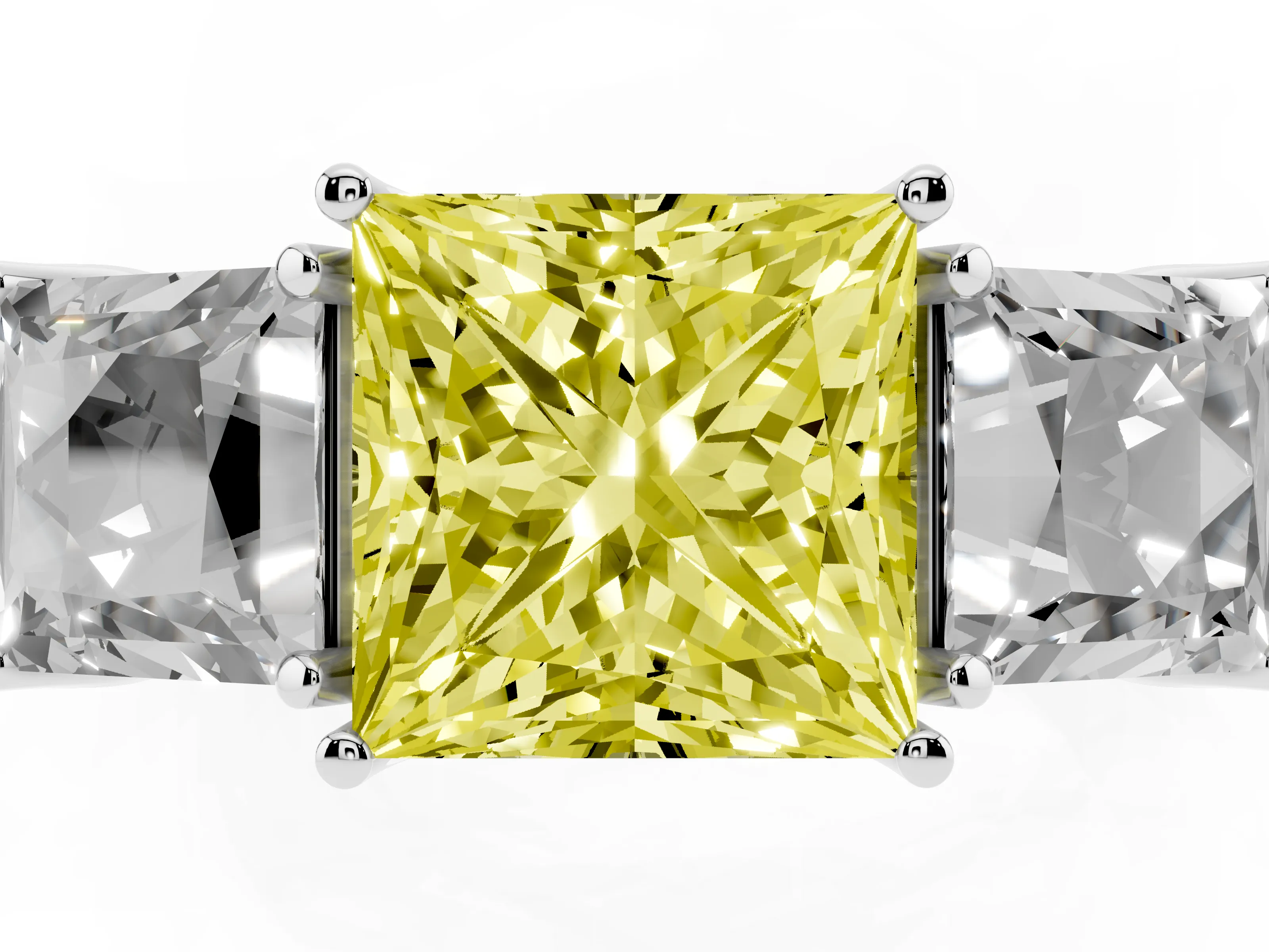 Fancy Yellow Princess Cut Diamond Three-Stone Engagement Ring Set in White gold with Milgrain Pavé Band