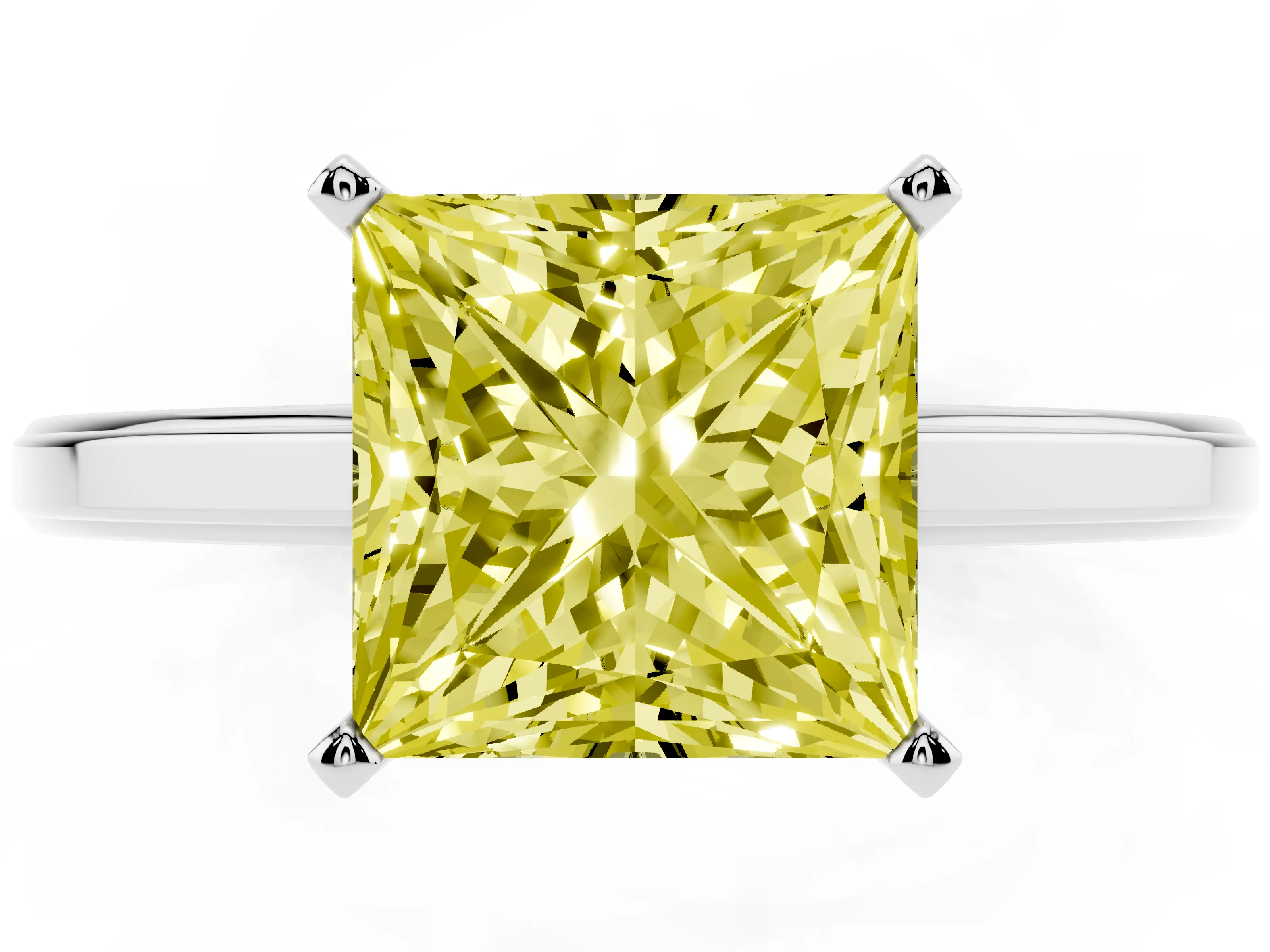 Fancy Yellow Princess Cut Diamond Solitaire Ring Set in Platinum with Prong Setting and Classic Band