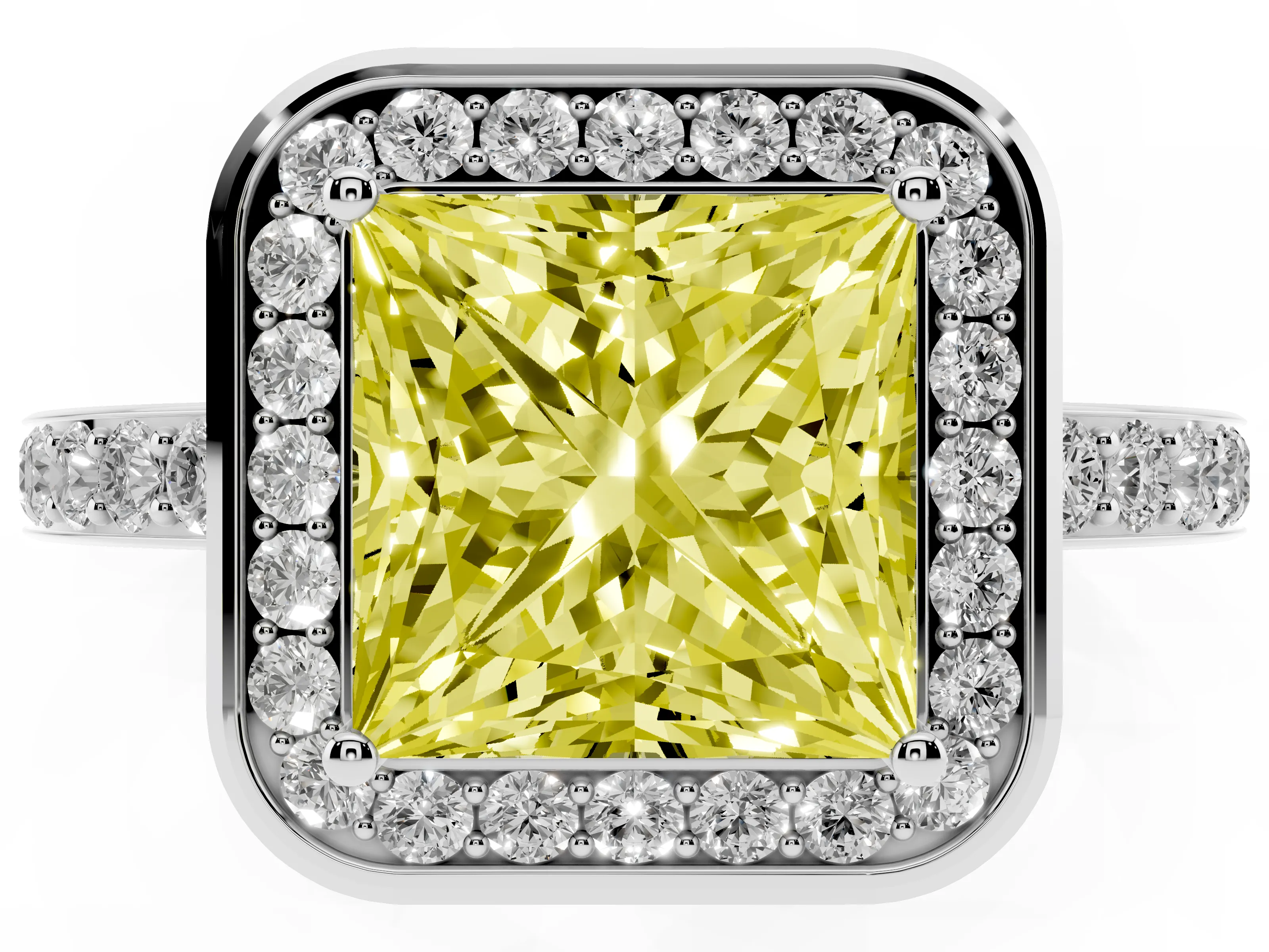 Fancy Yellow Princess Cut Diamond Halo Ring Set in White gold with Bezel Frame and Pavé Band