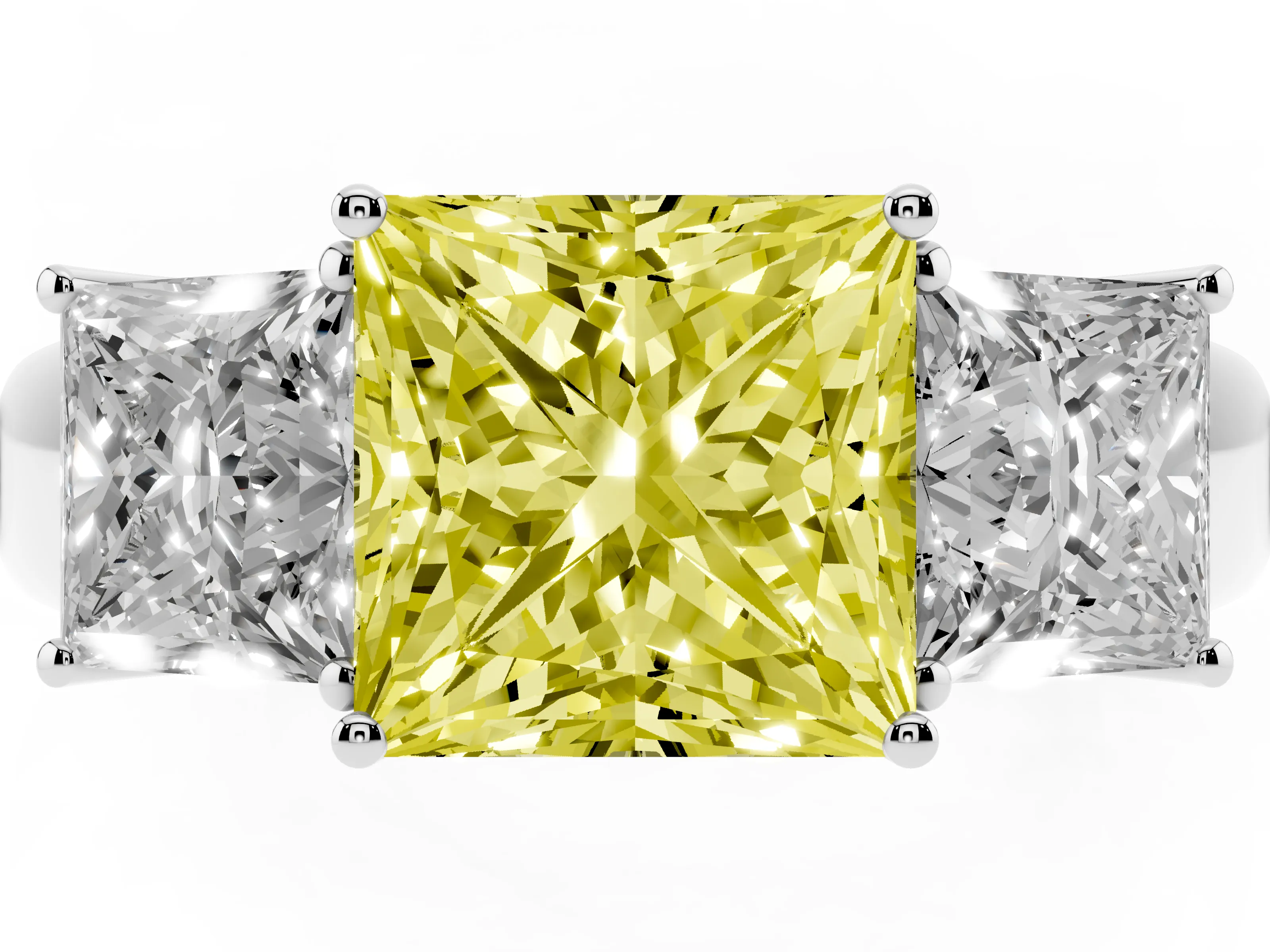 Fancy Yellow Three-Stone Princess Cut Diamond Ring Set in Platinum with Matching Prong Settings and Plain Band