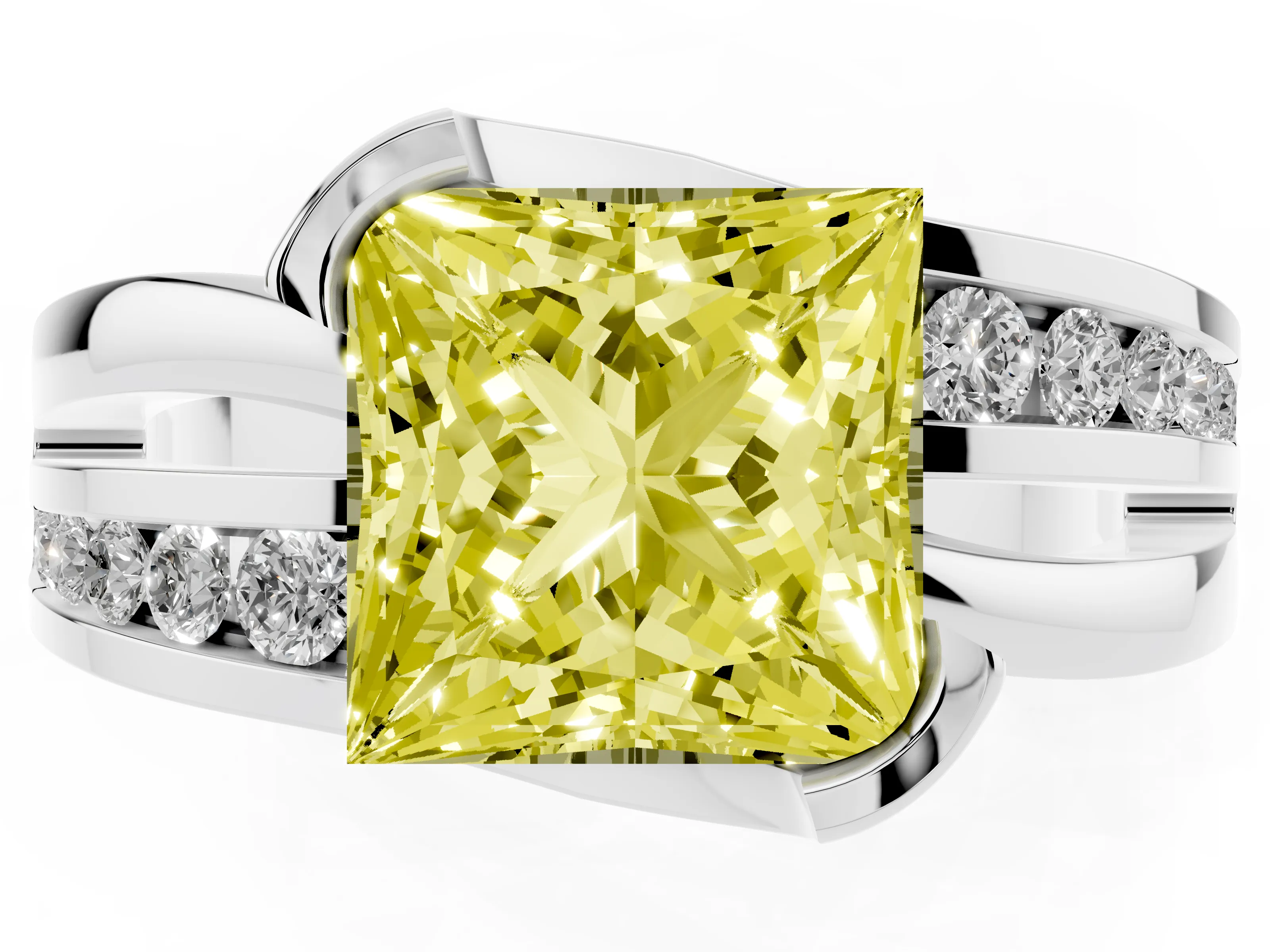 Fancy Yellow Princess Cut Diamond Solitaire Ring Set in Platinum with Channel Set Split Shank and Tension Prongs