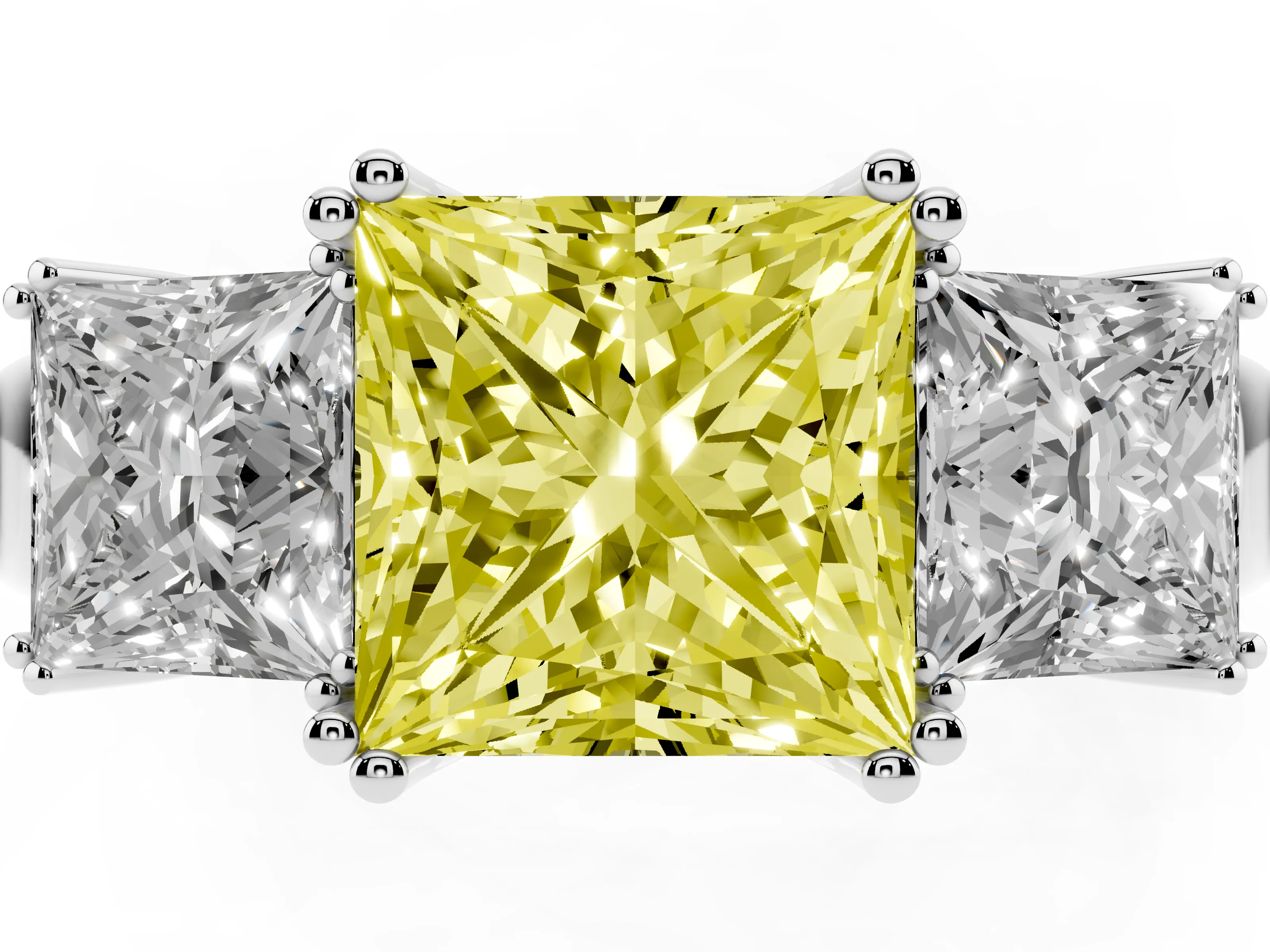 Fancy Yellow Princess Cut Diamond Three-Stone Ring Set in White gold with Polished Channel-Set Band