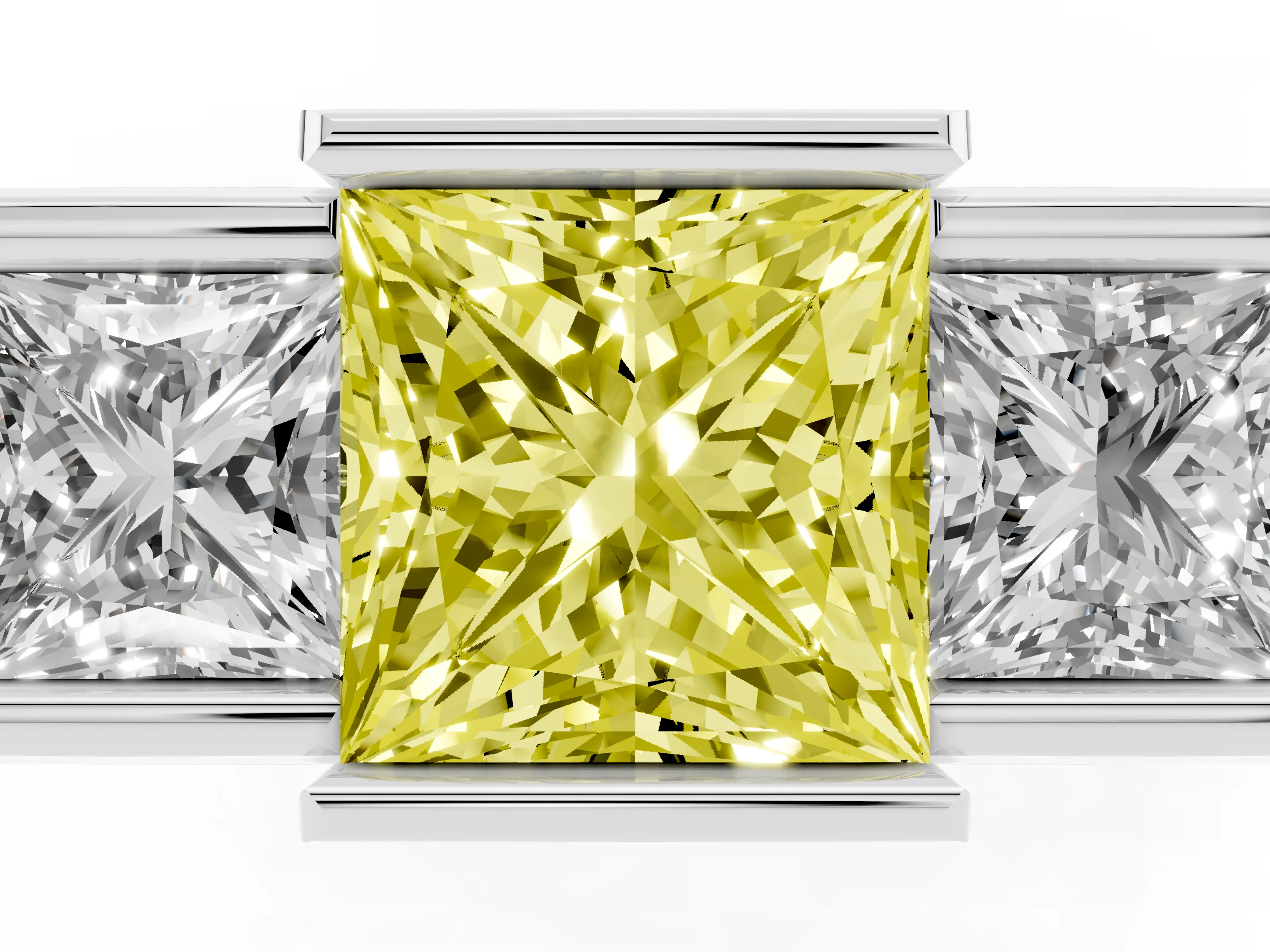 Fancy Yellow Princess Cut Diamond Three-Stone Channel Set Ring Set in Platinum with Smooth Polished Band