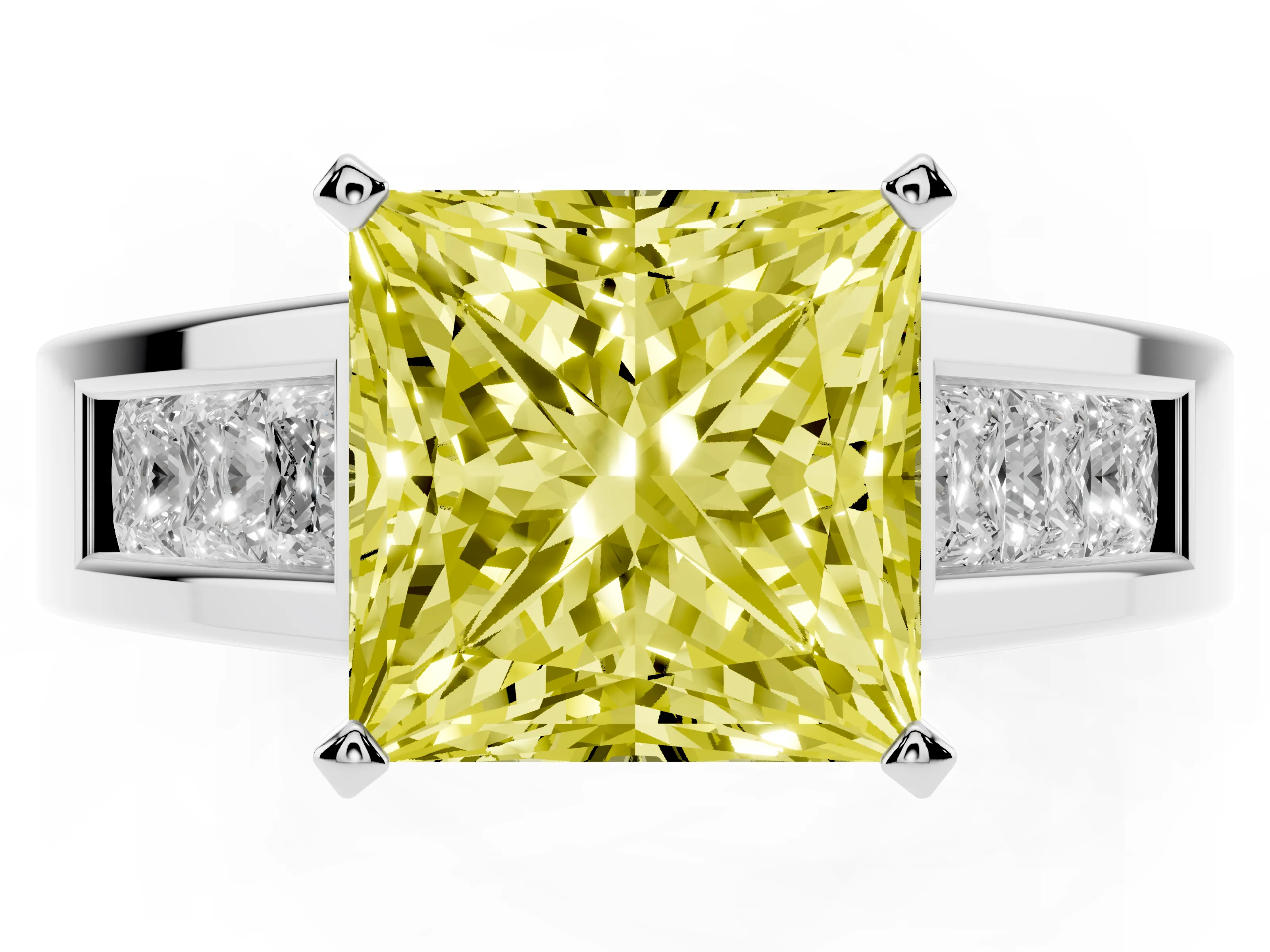 Fancy Yellow Princess Cut Diamond Solitaire Ring Set in Silver with Channel-Set Accent Stones and Prong Setting