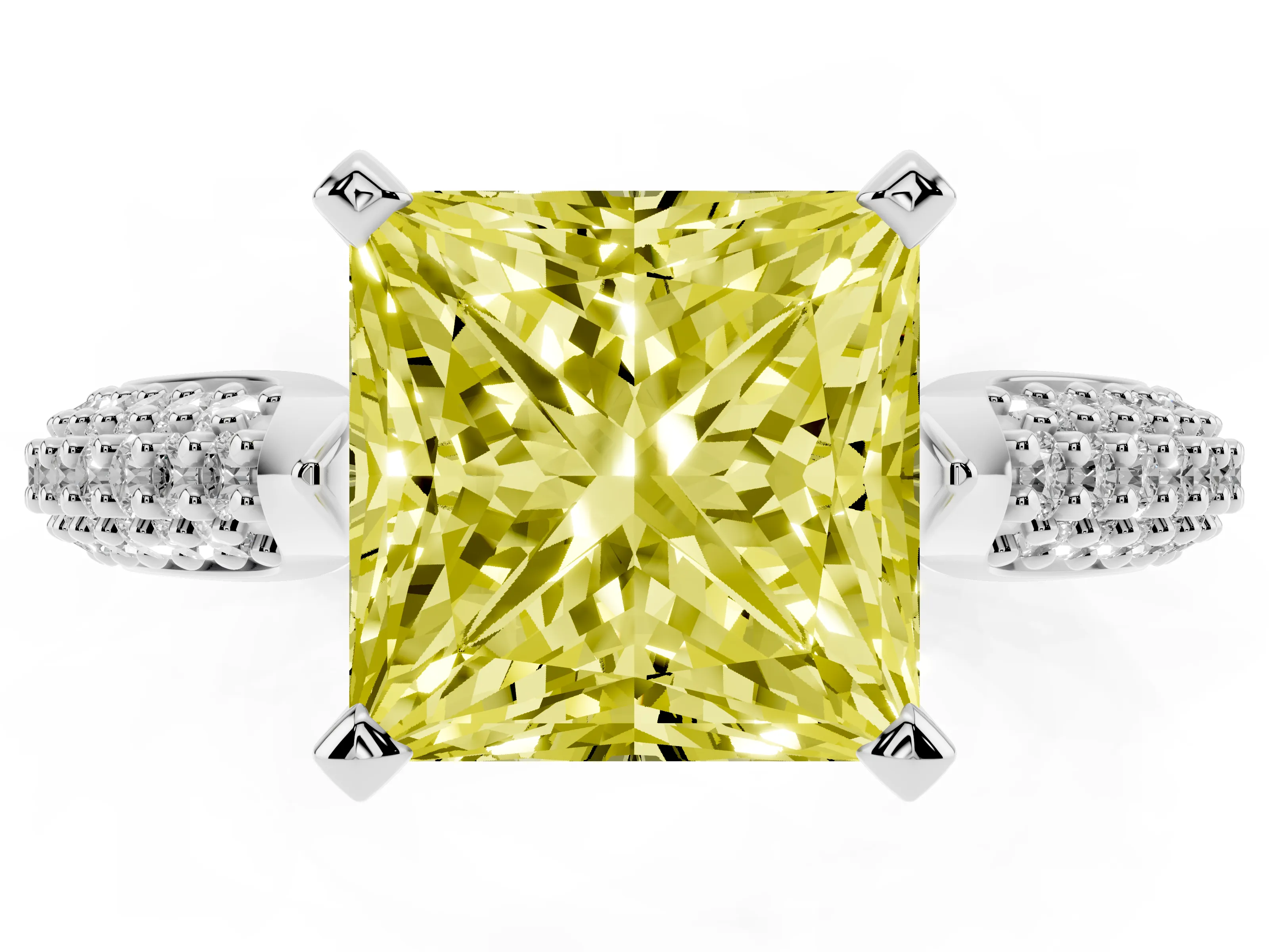 Fancy Yellow Princess Cut Diamond Solitaire Engagement Ring Set in Platinum with Multi-Row Round Pavé Band and Prong Setting