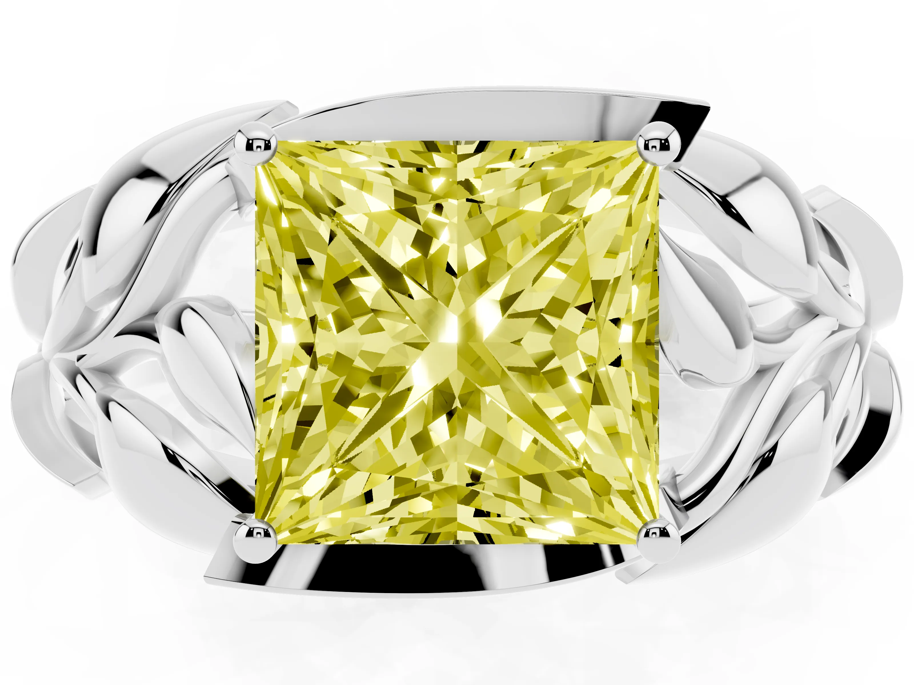 Fancy Yellow Princess Cut Diamond Leaf-Inspired Engagement Ring Set in White gold with Round Accents