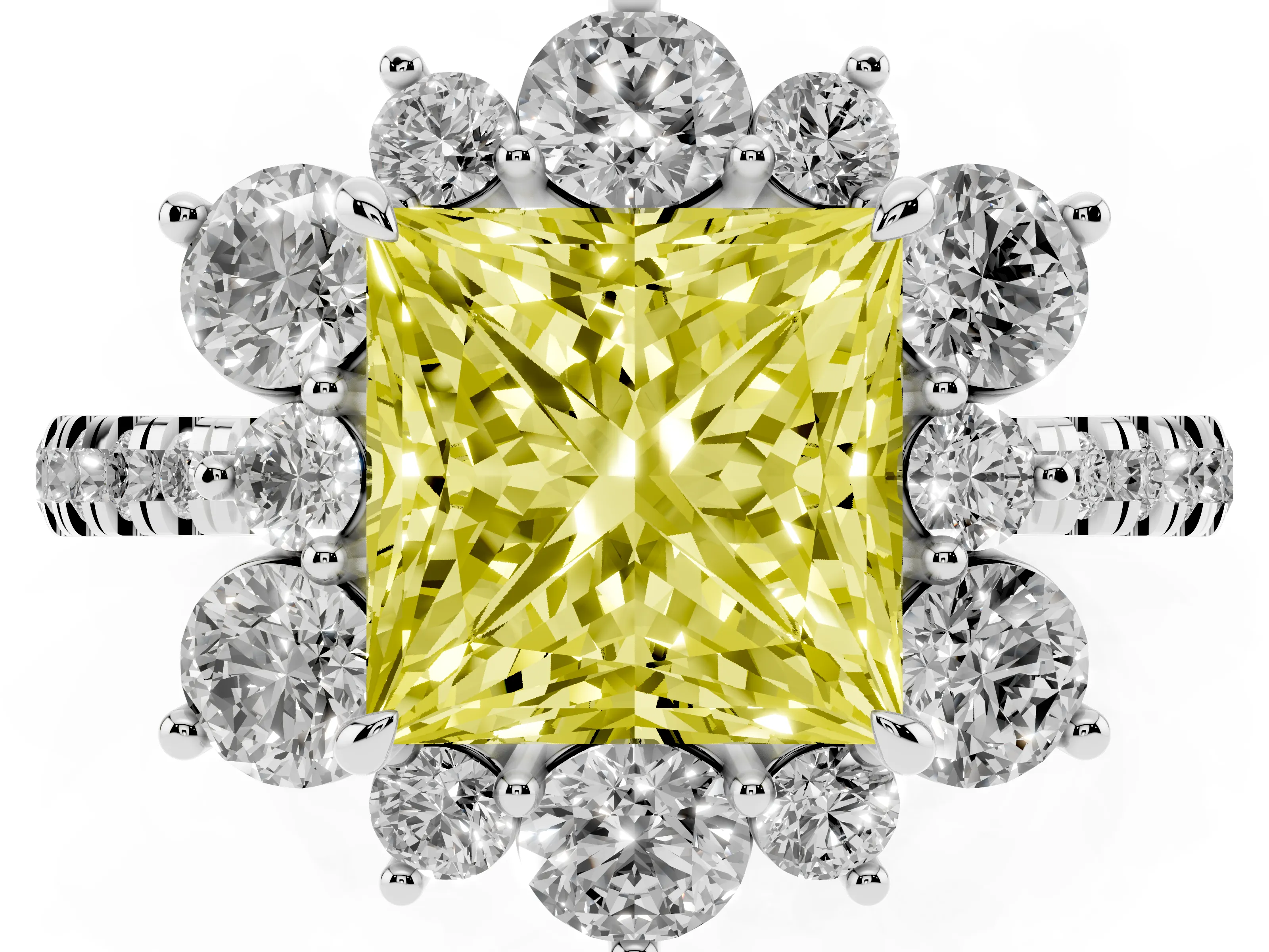 Fancy Yellow Princess Cut Diamond Floral Halo Ring Set in Platinum with Round Pavé Band and Prong Setting