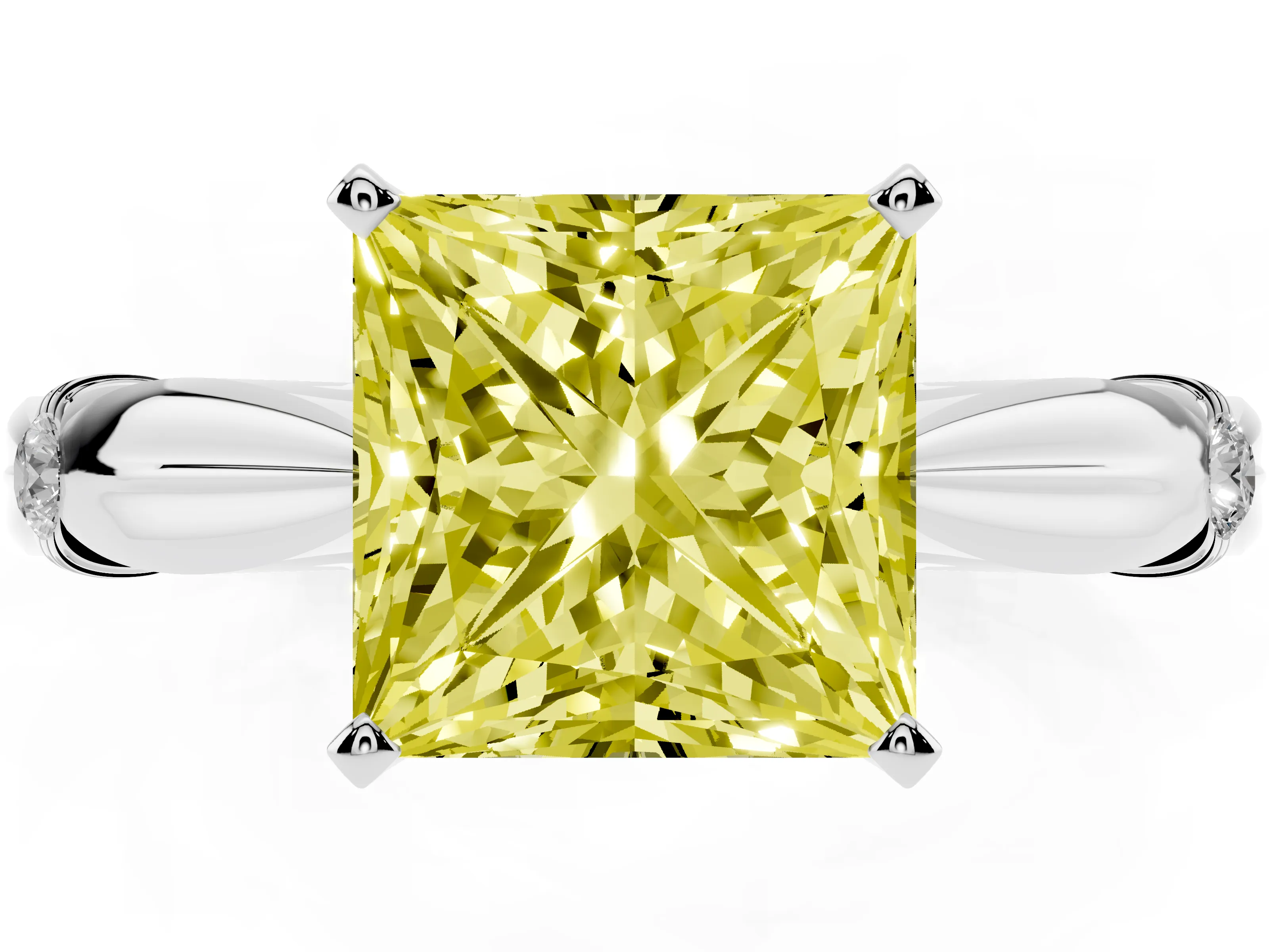 Fancy Yellow Princess Cut Diamond Solitaire Twisted Band Ring Set in Silver with Accent Stones and Prong Setting