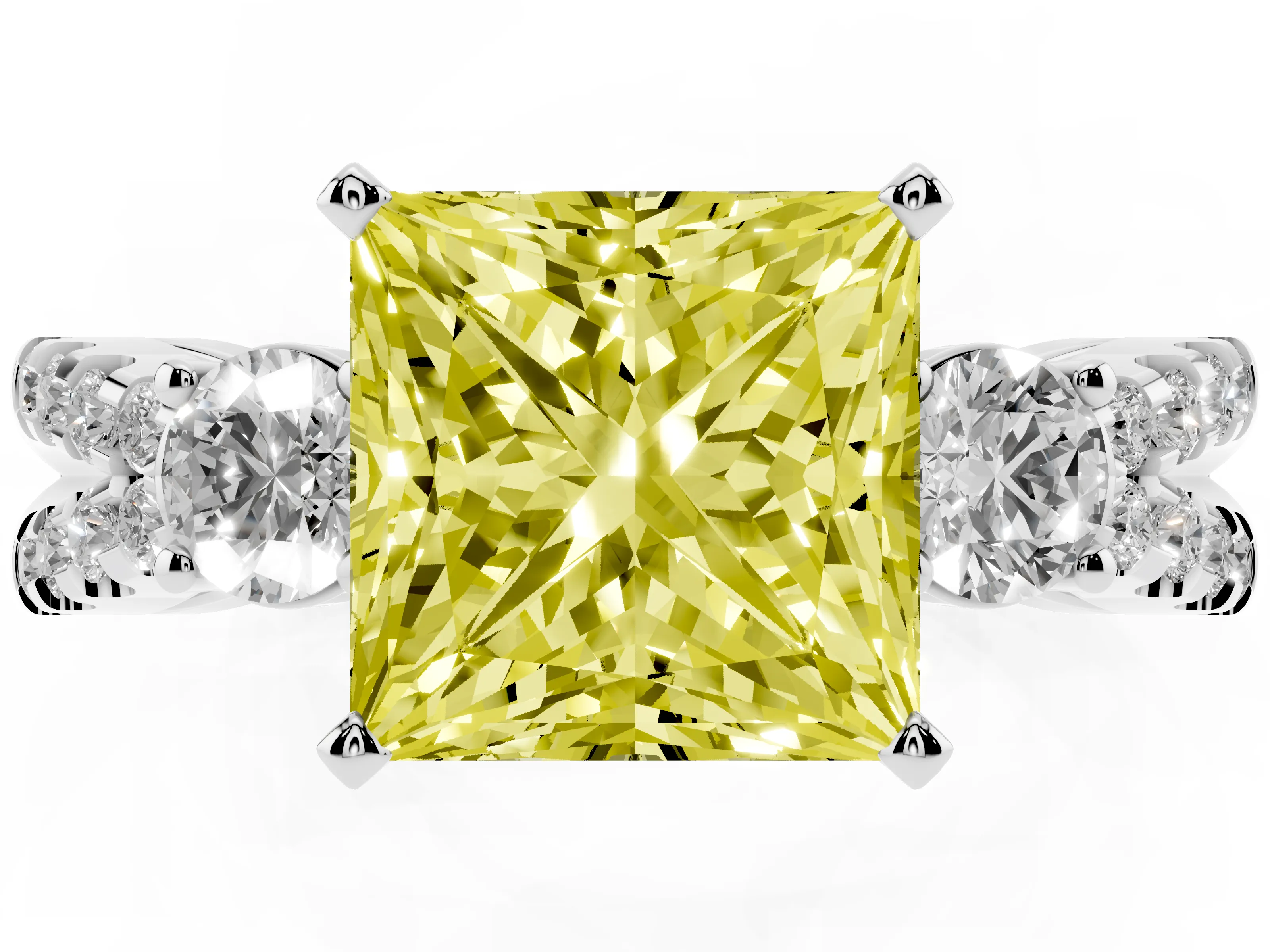 Fancy Yellow Princess Cut Diamond Three-Stone Ring Set in White gold with Pavé Split Shank and Prong Setting