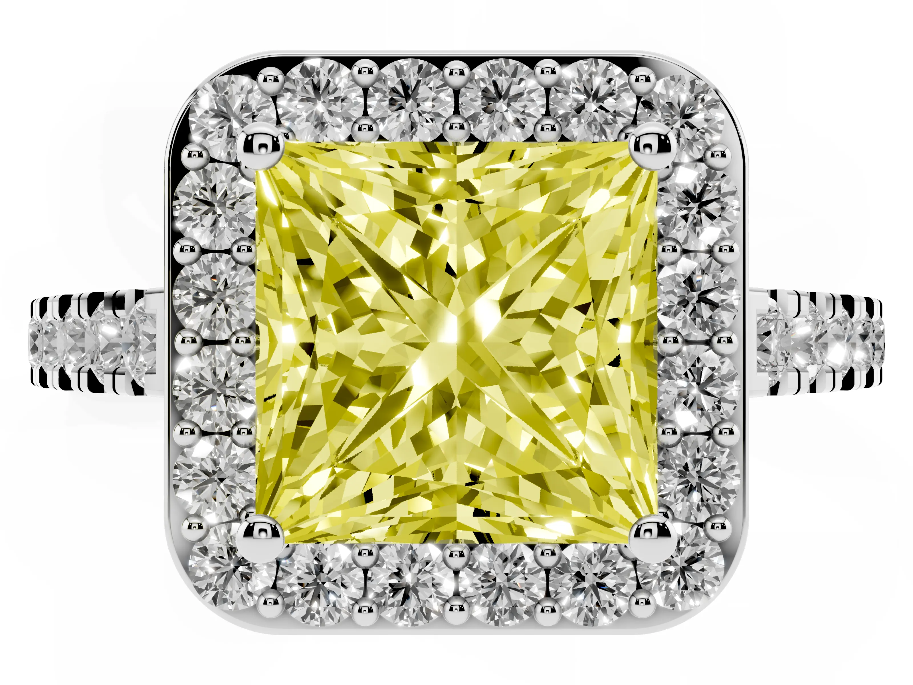 Fancy Yellow Princess Cut Diamond Halo Ring Set in White gold with Round Pavé Split Shank and Prong Setting