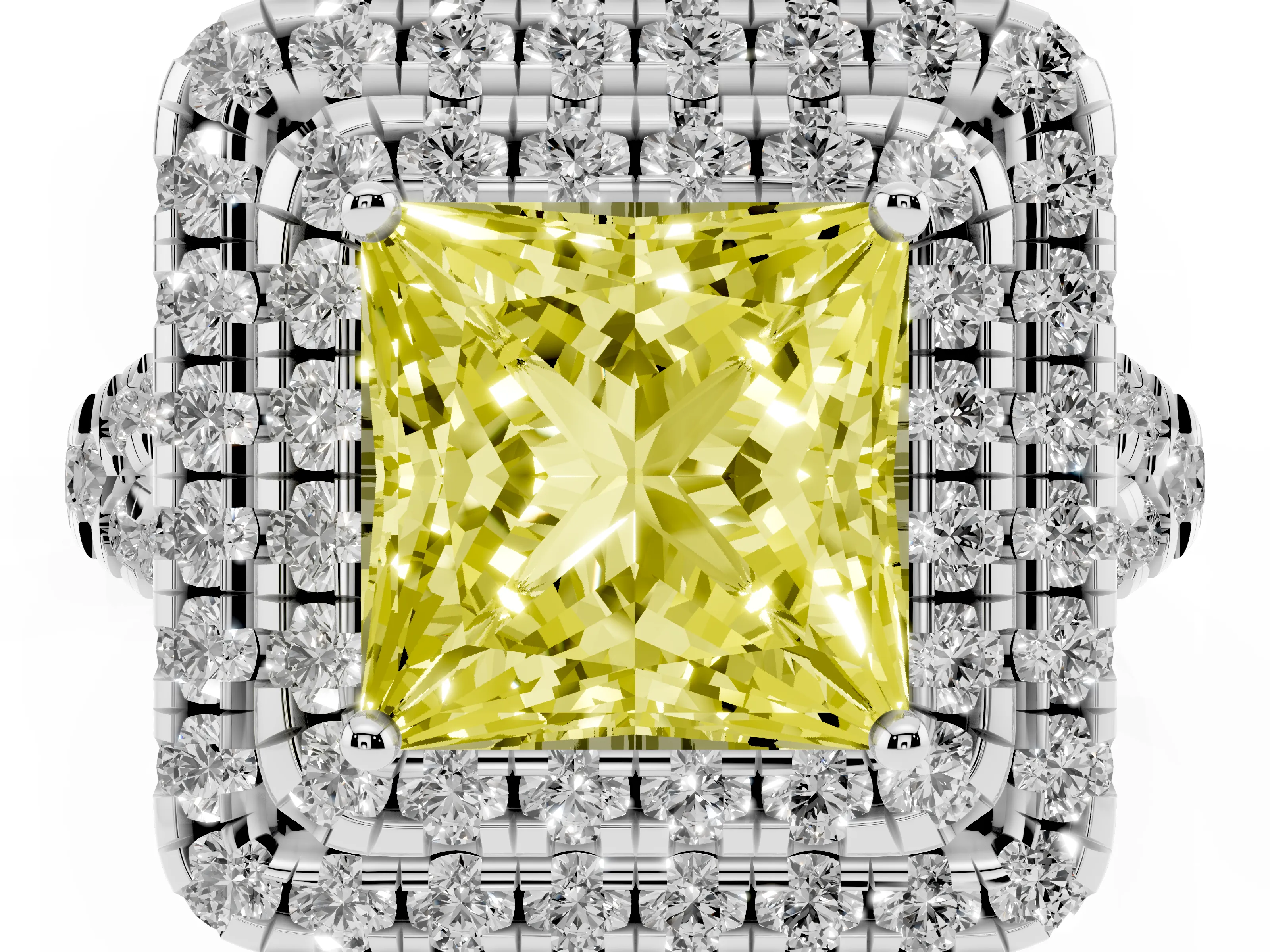 Fancy Yellow Princess Cut Diamond Double Halo Ring Set in Platinum with Pavé Split Shank and Prong Setting