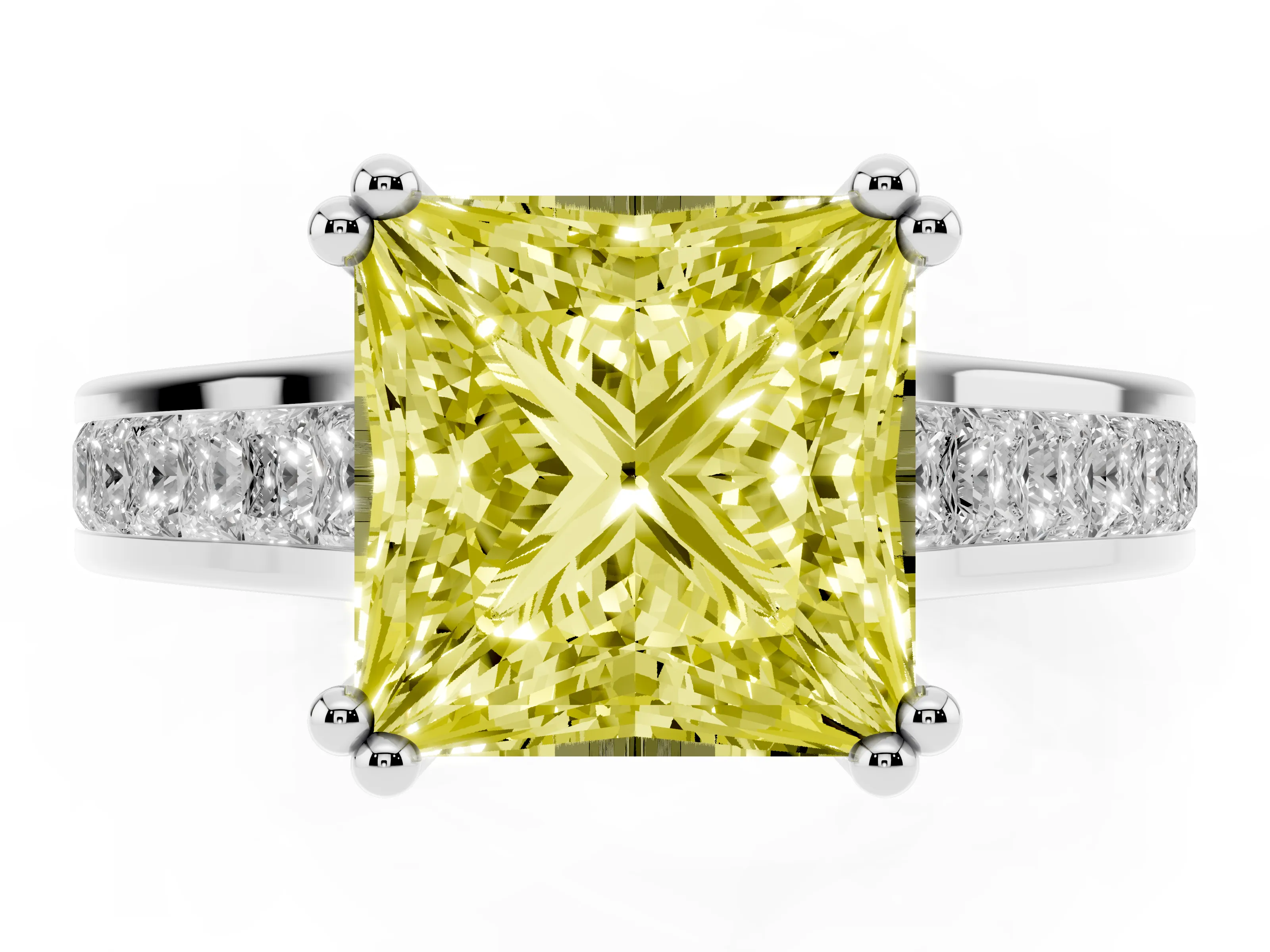 Fancy Yellow Princess Cut Diamond Channel Set Solitaire Engagement Ring Set in Platinum with Prong Setting