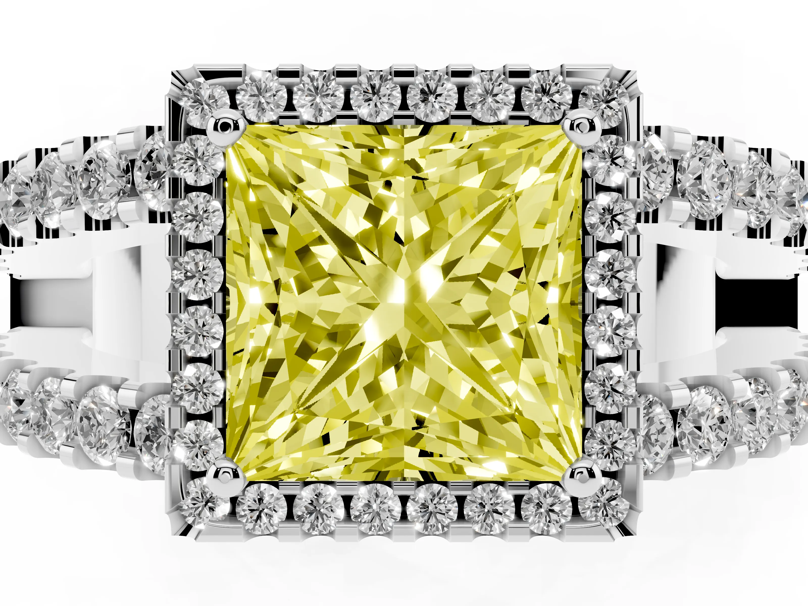 Fancy Yellow Princess Cut Diamond Halo Ring Set in Platinum with Pavé Split Shank and Prong Setting