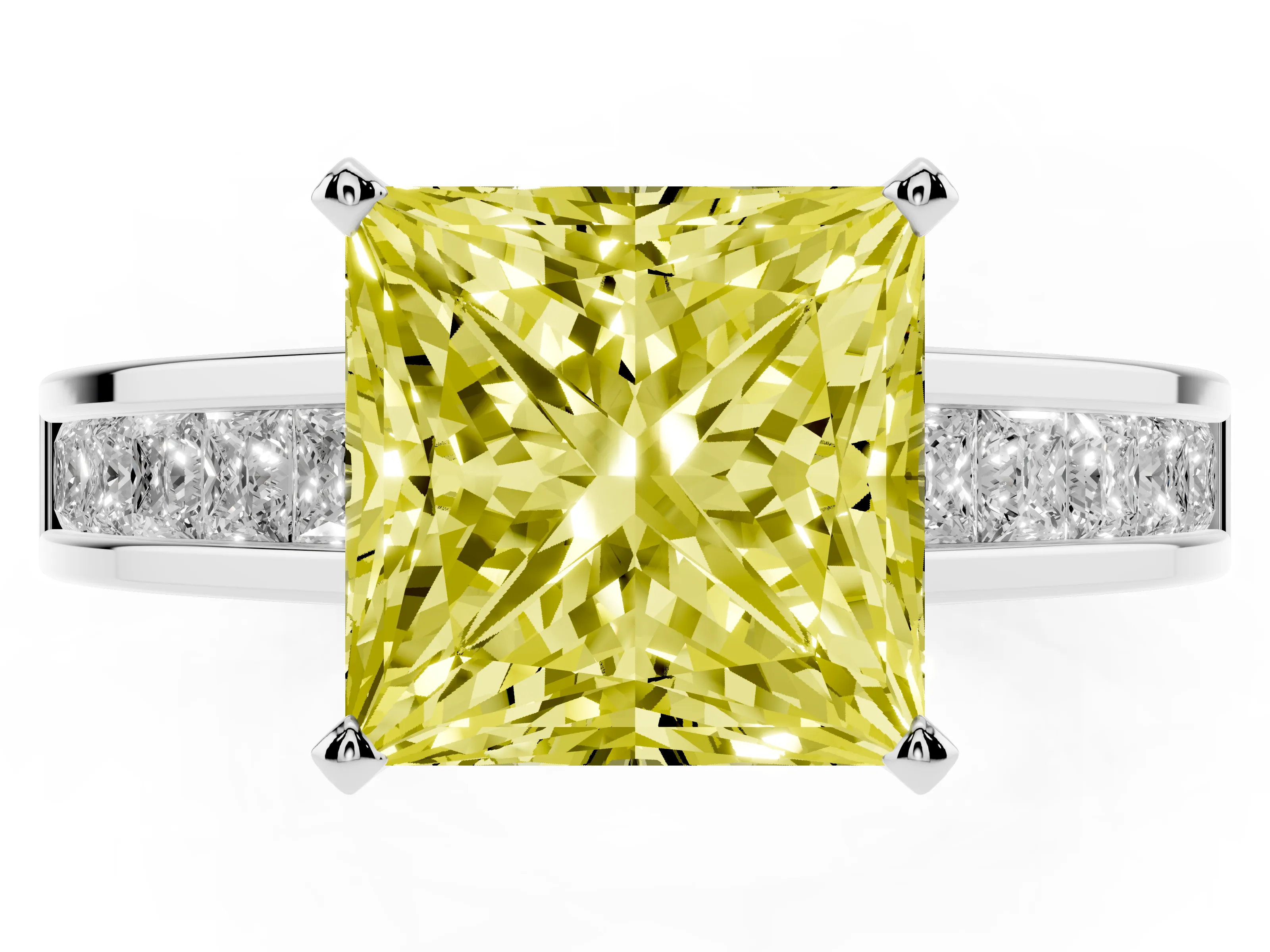 Fancy Yellow Princess Cut Diamond Solitaire Ring Set in Silver with Channel-Set Band and Prong Setting