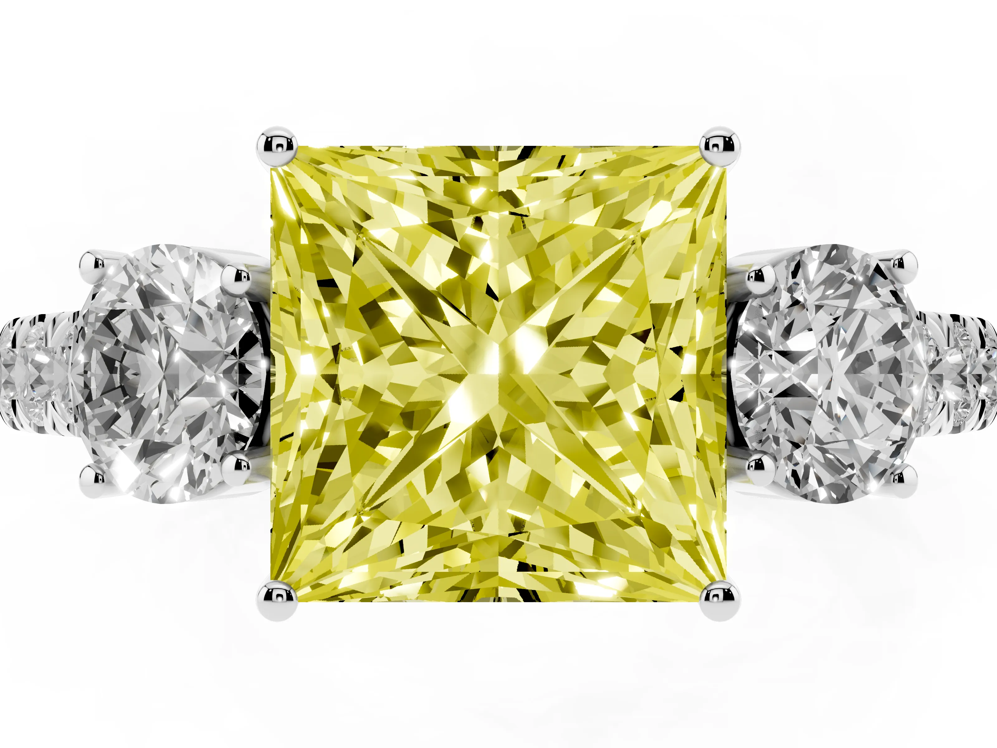 Fancy Yellow Princess Cut Diamond Three-Stone Ring Set in Silver with Round Side Stones and Delicate Pavé Band