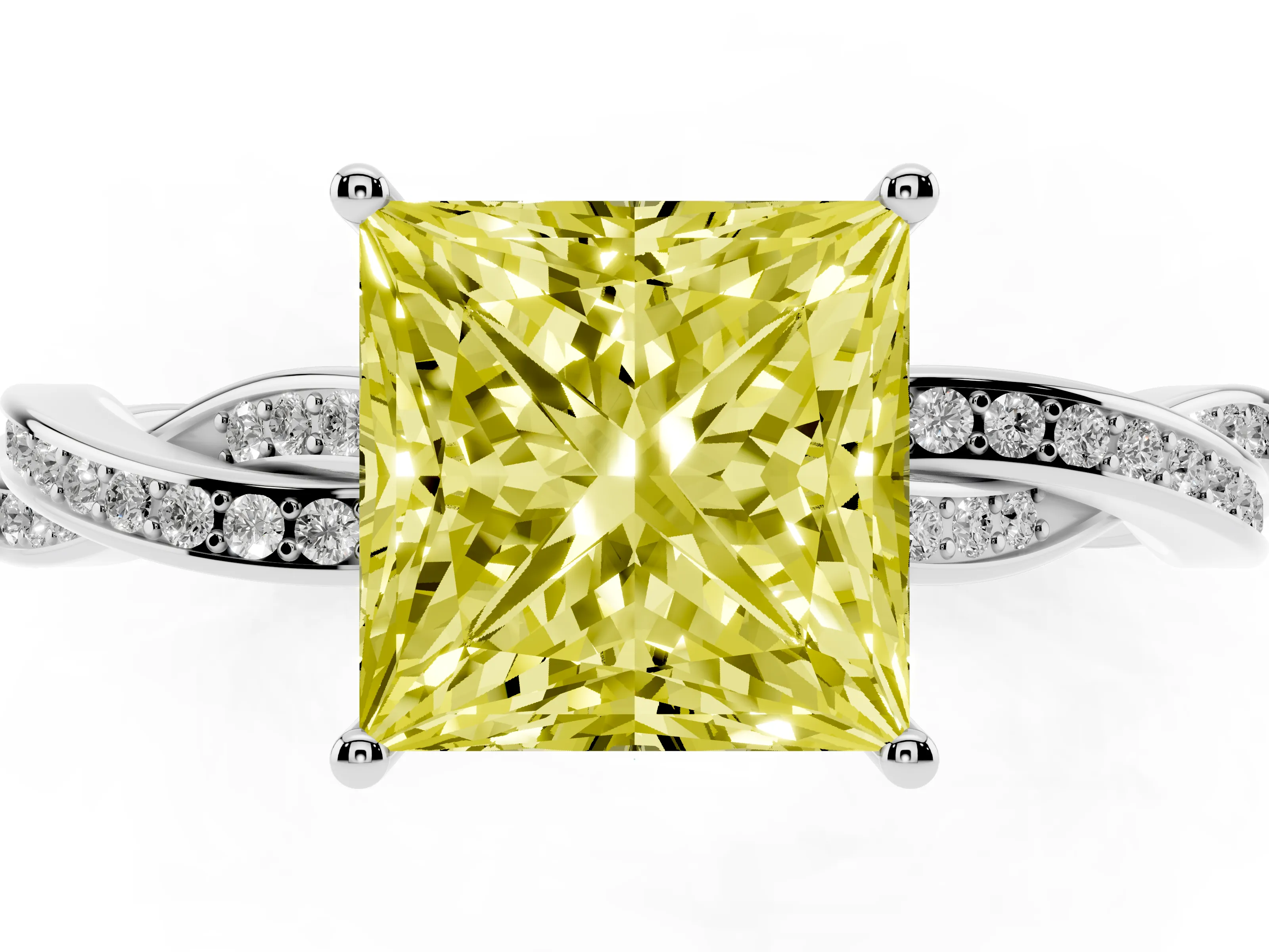 Fancy Yellow Princess Cut Diamond Solitaire Twisted Pavé Ring Set in Silver with Prong Setting