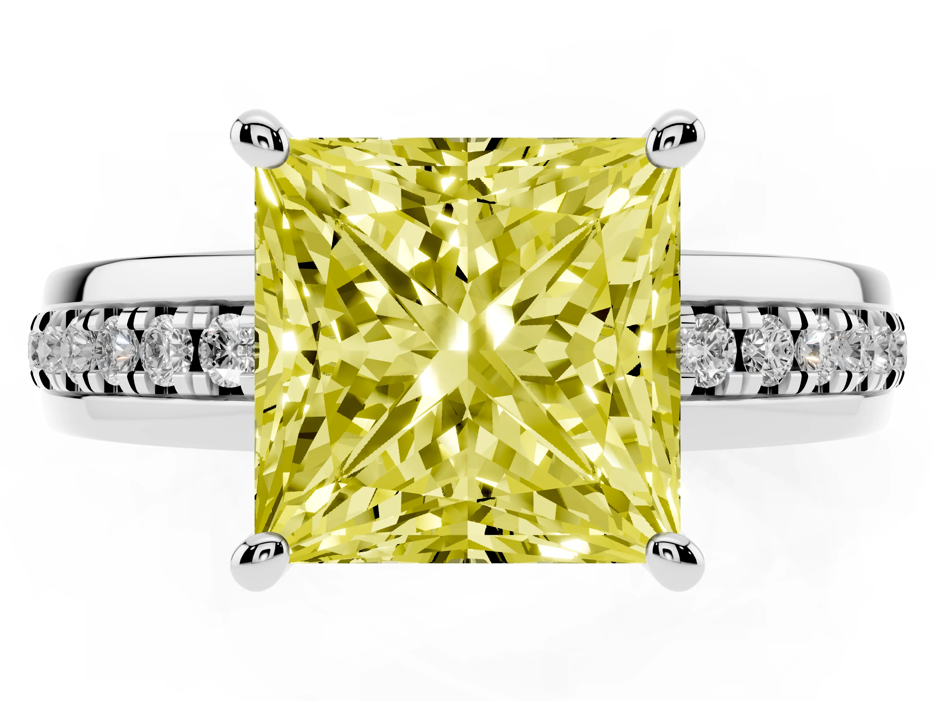 Fancy Yellow Princess Cut Diamond Solitaire Ring Set in White gold with Channel Set Band and Prong Setting