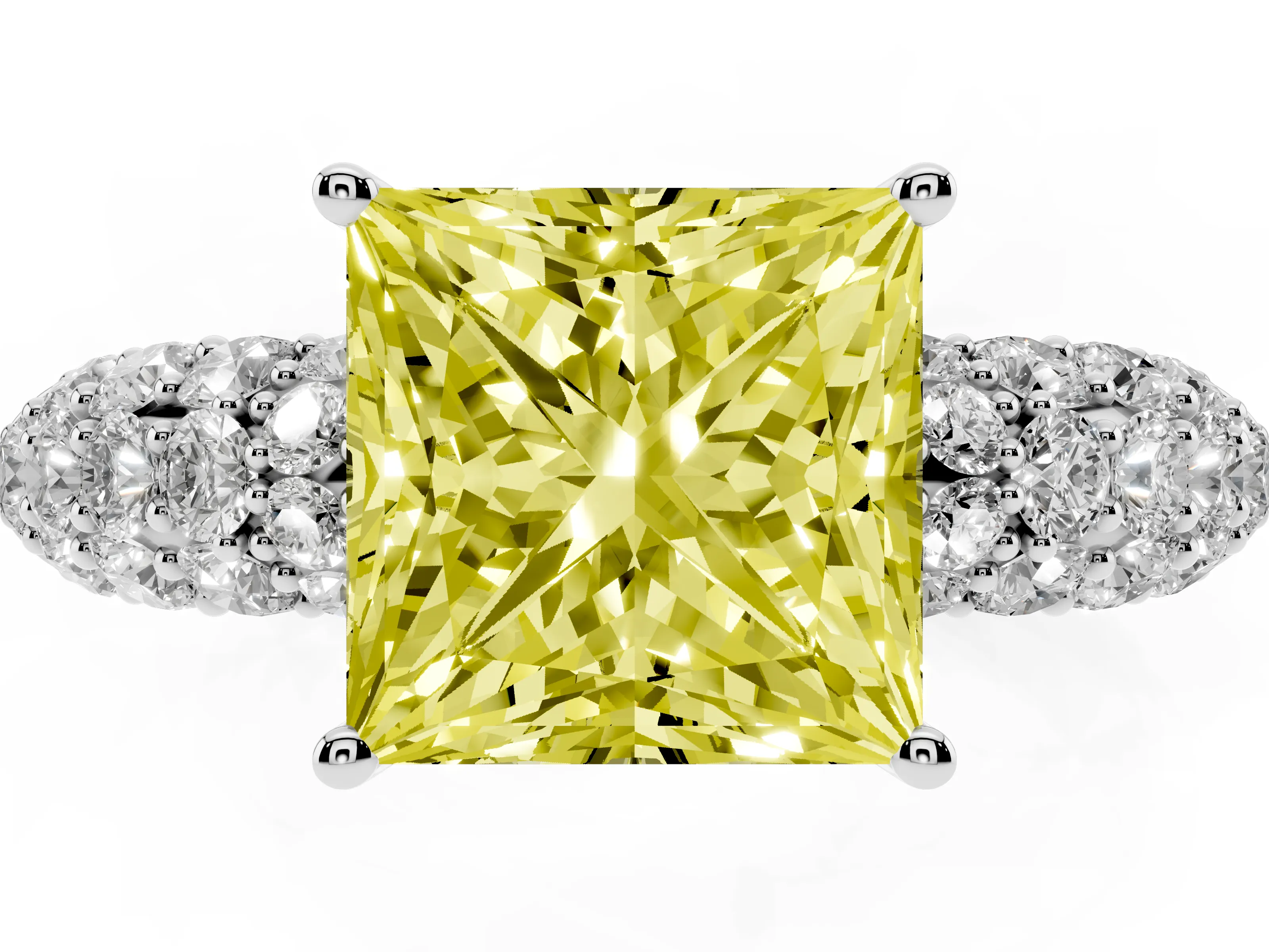 Fancy Yellow Princess Cut Diamond Pavé Band Solitaire Ring Set in White gold with Close-Set Accent Stones and Prong Setting
