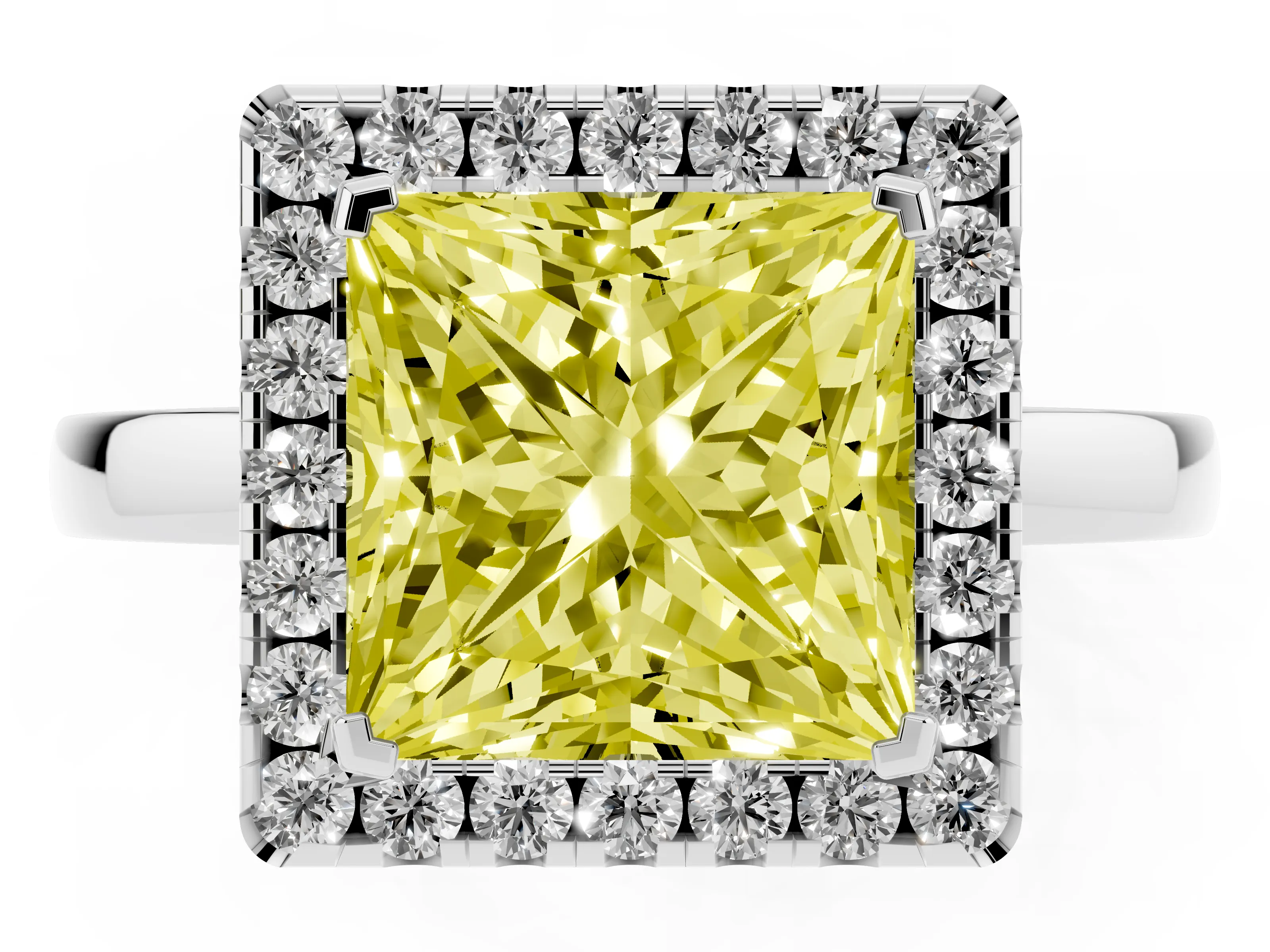 Fancy Yellow Princess Cut Diamond Halo Solitaire Ring Set in White gold with Pavé Band and Prong Setting
