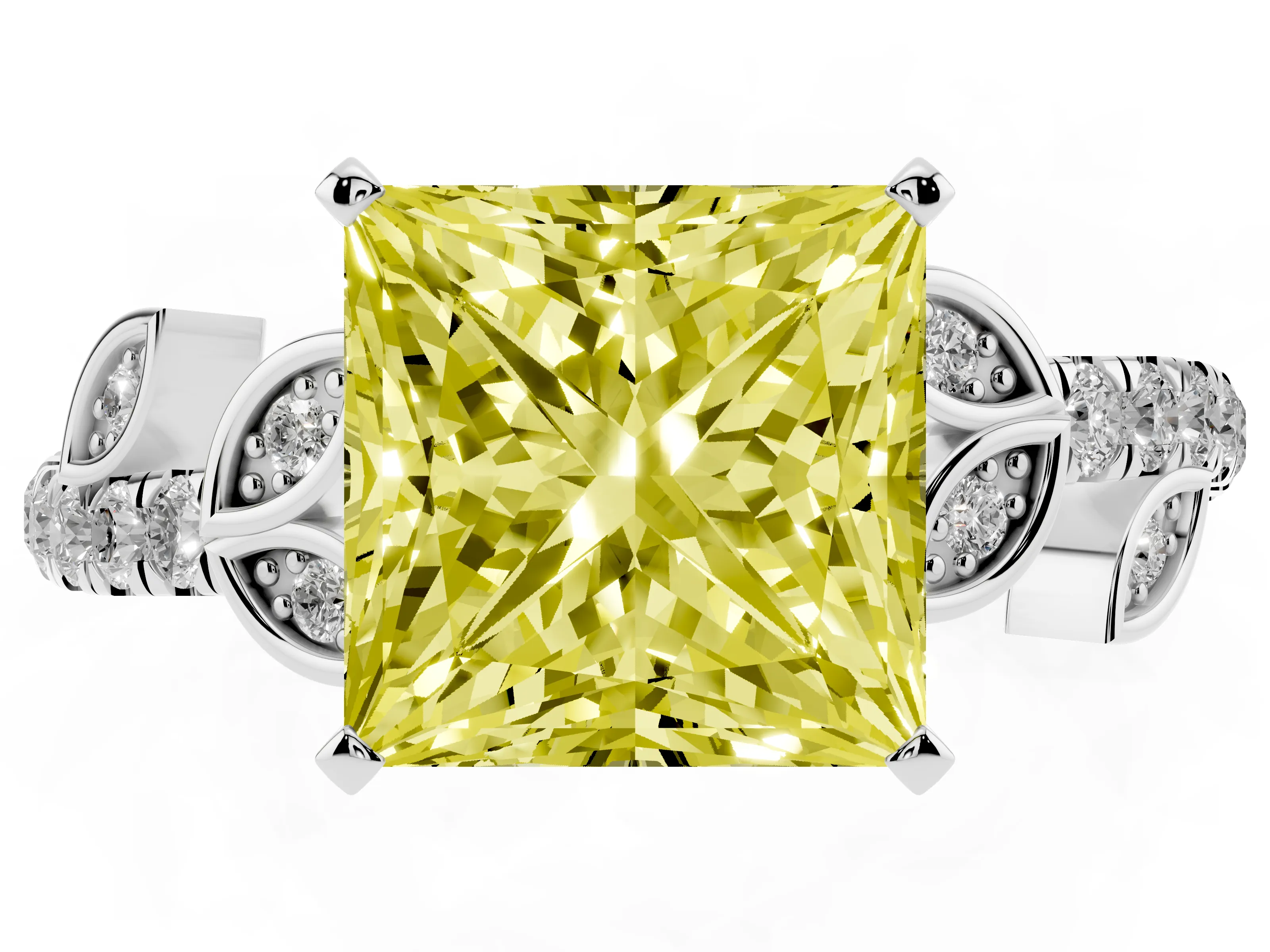 Fancy Yellow Princess Cut Diamond Solitaire Leaf-Inspired Ring Set in White gold with Pavé Band and Prong Setting