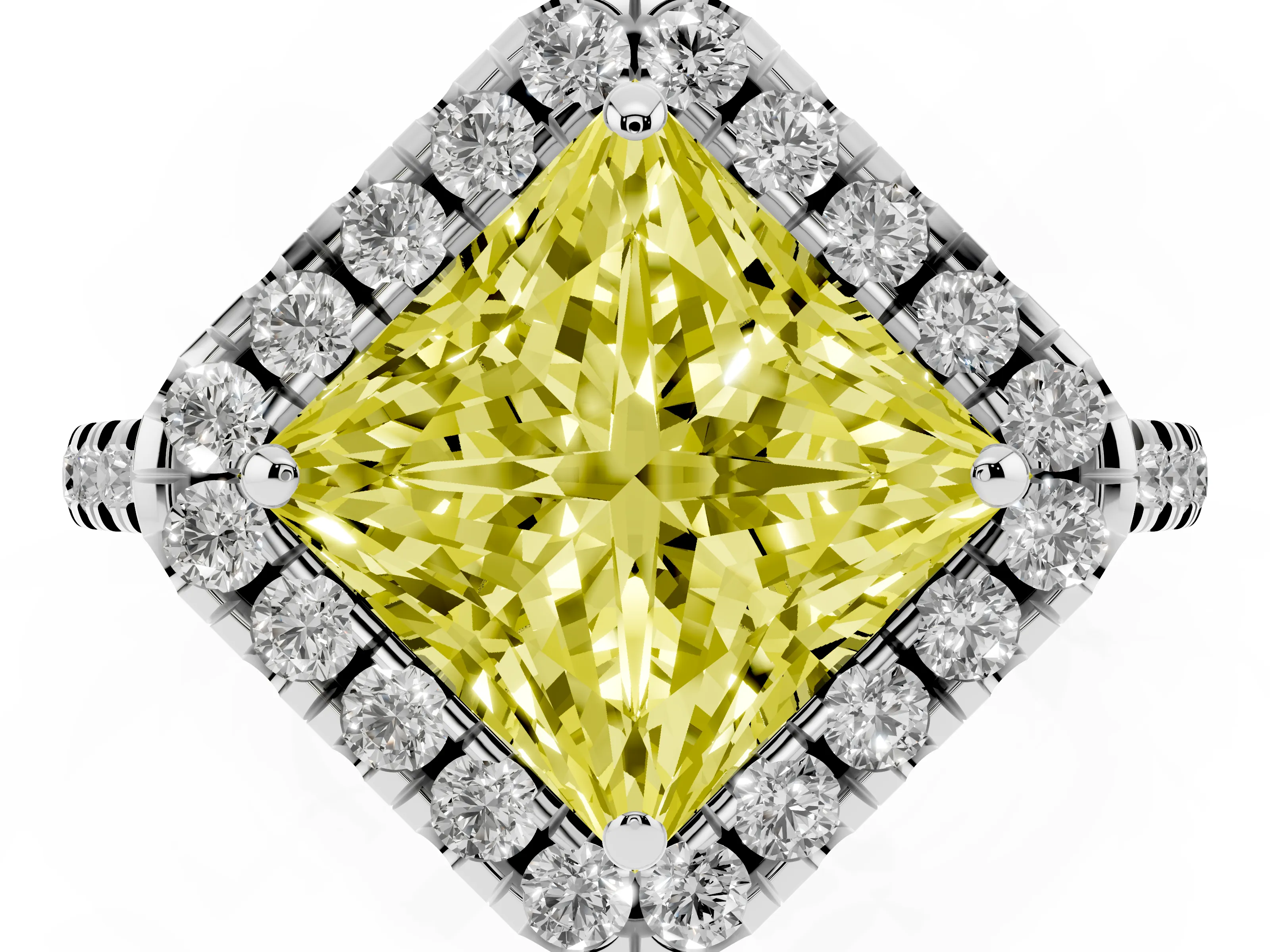 Fancy Yellow Princess Cut Diamond Cushion Halo Ring Set in White gold with Pavé Band